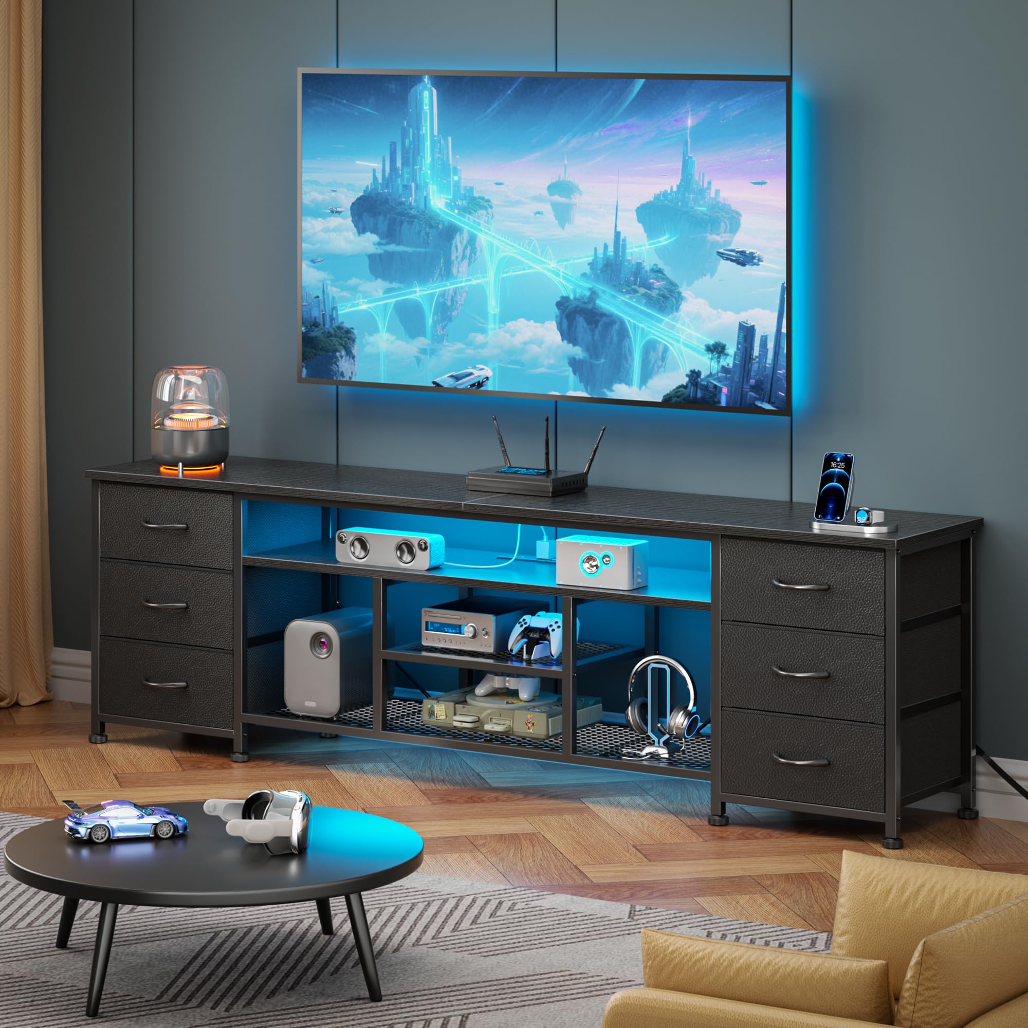 Furologee LED TV Stand for 65, 70 Inch TV, 63 Inch Entertainment Center with Power Outlets, 6 Fabric Drawers Dresser for Bedroom, Media Console with Open Shelves, Rustic Brown