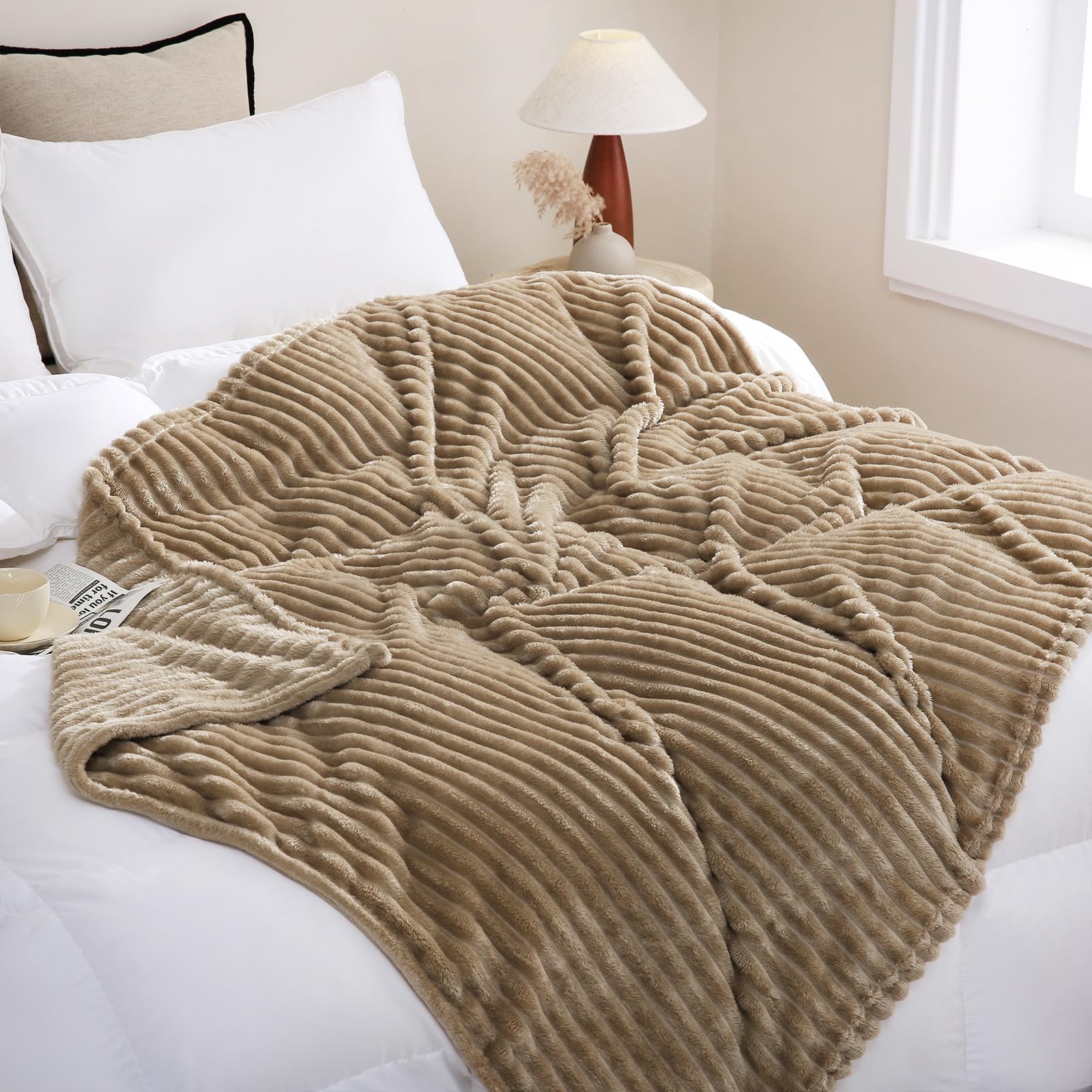 Sage Green Fleece Throw Blanket 50”×60” for Couch Sofa Bed,Super Soft Cozy Plush Microfiber Flannel Blanket with Stripes Design Lightweight for Adults,Woman,Girls