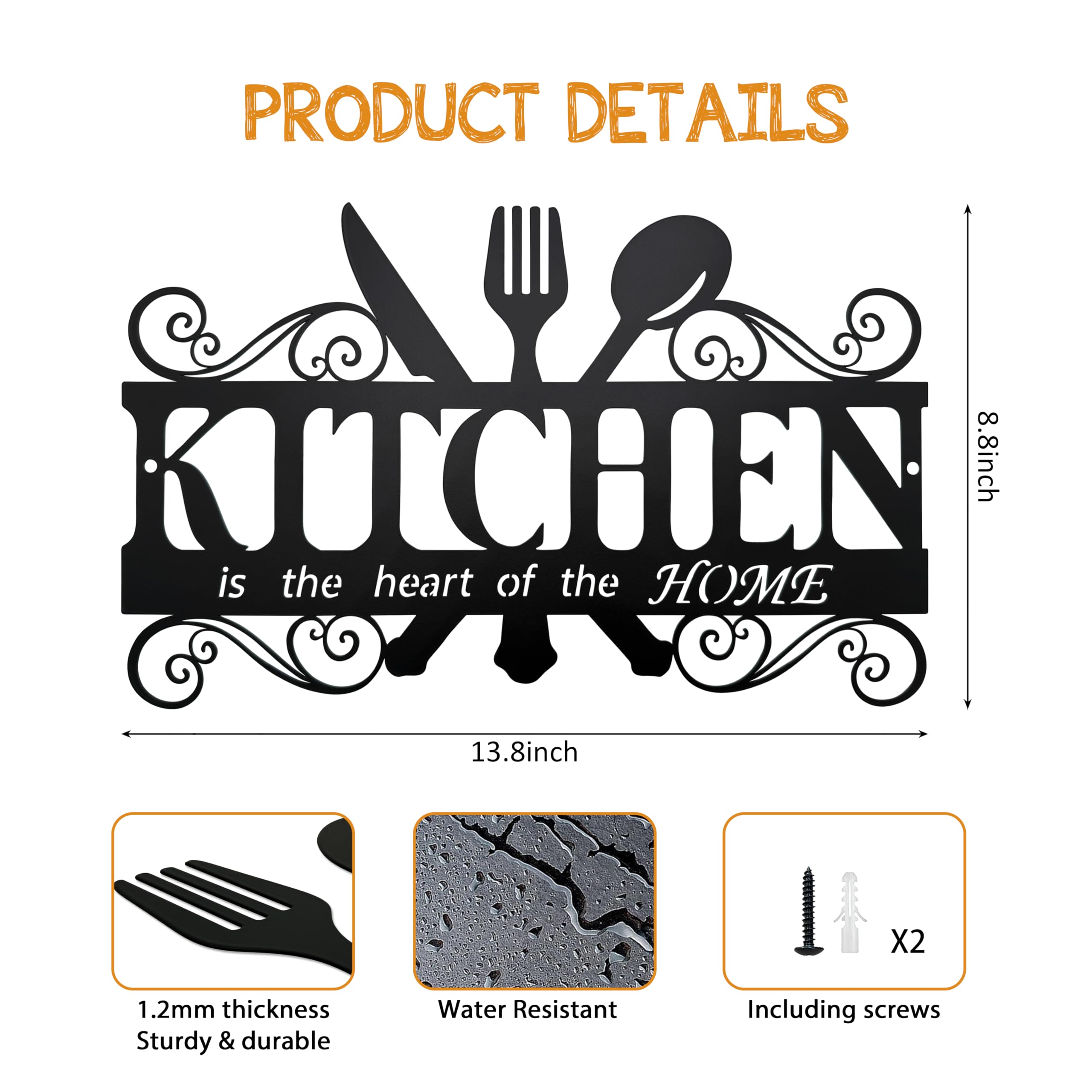 Metal Kitchen Wall Decor,Kitchen Signs Decoraions For Wall,Rustic Kitchen Decor Sign,Country Farmhouse Decoration for Kitchen or Dining Room,13.8x8.8 Inches (Black),BiaGift1126-2