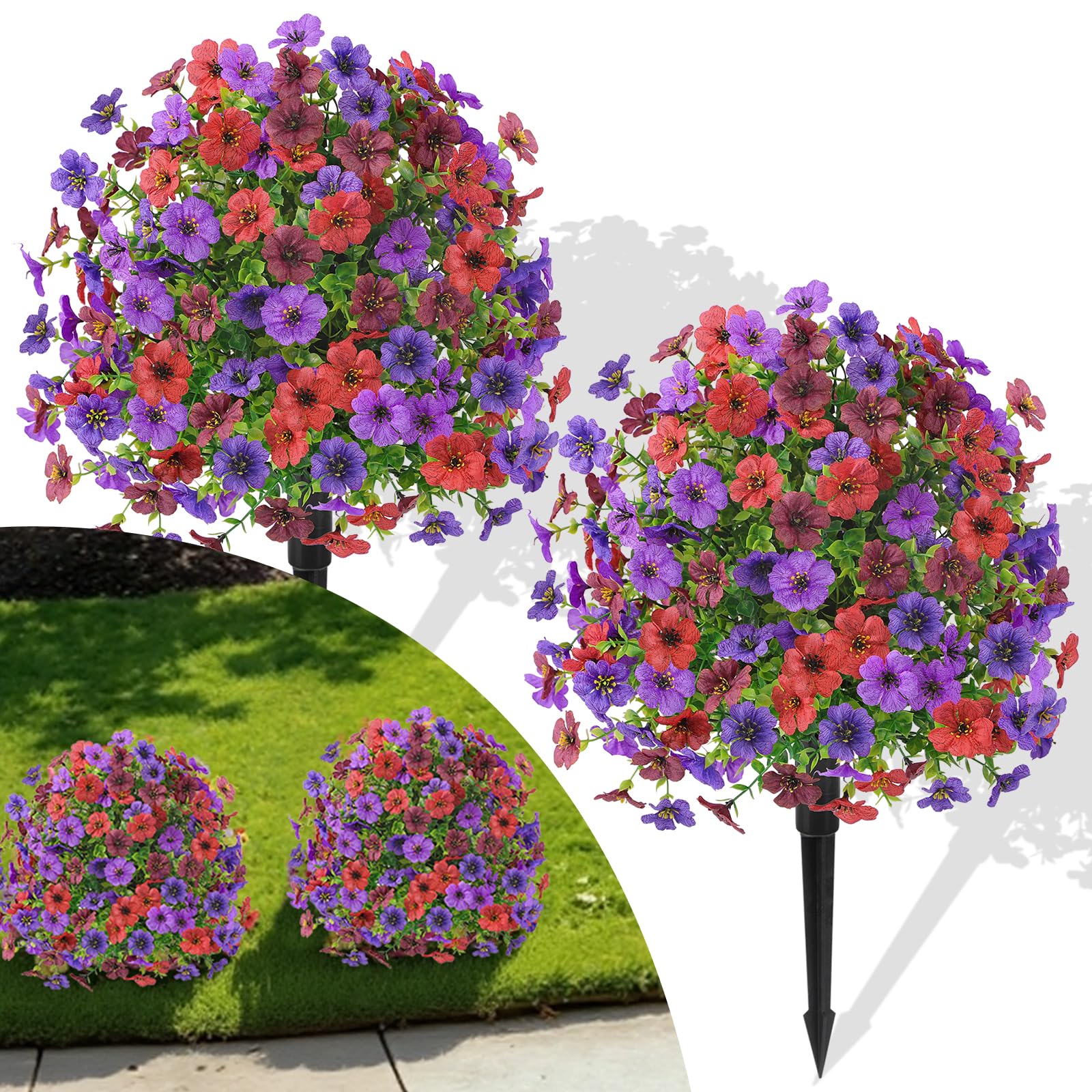 Alupssuc 2Pcs 20" Artificial Topiary Ball Flowers For Outdoors Planters, Spring Decoration with Spike, UV Resistant Faux Summer Plants, Fake Bushes Indoor Decor, Mix 4 Colors for Garden, Porch & Patio