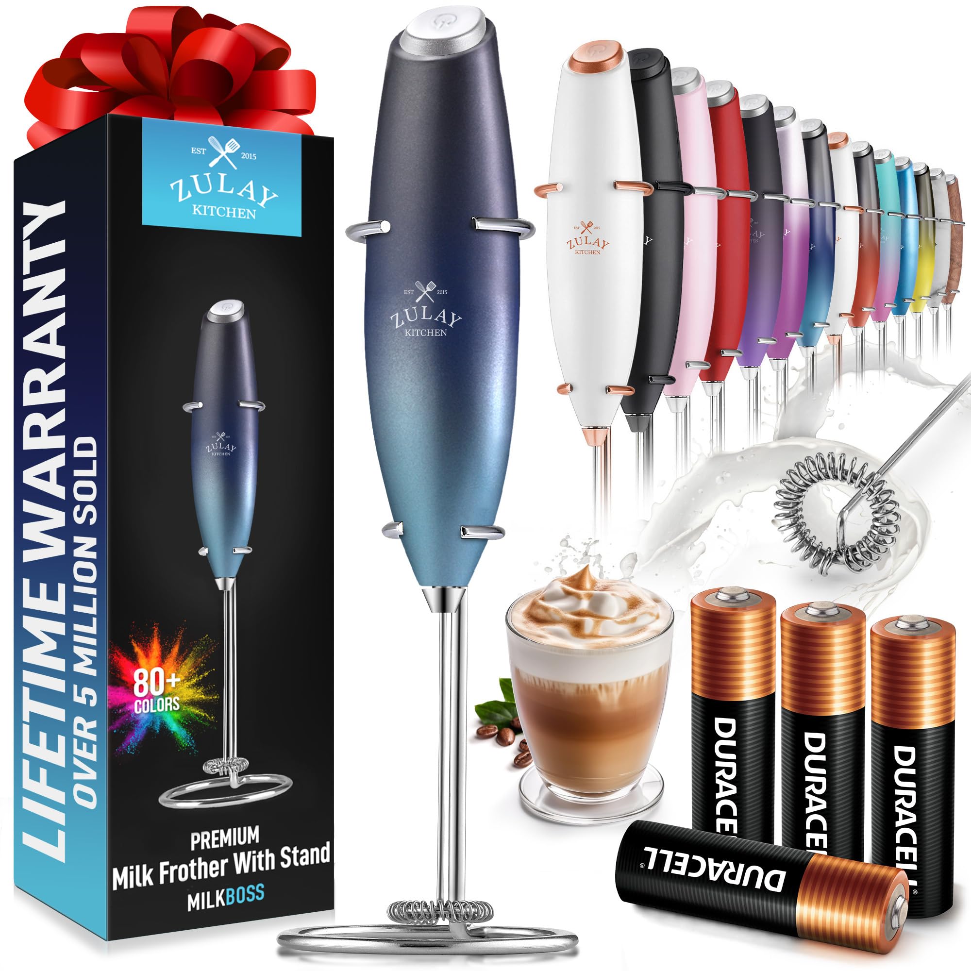 Zulay Kitchen Powerful Milk Frother Wand With 2 Duracell Batteries - Ultra Fast Handheld Drink Mixer - Electric Whisk Foam Maker for Coffee, Lattes, Cappuccino, Matcha, Hot Chocolate & Creamer - Black