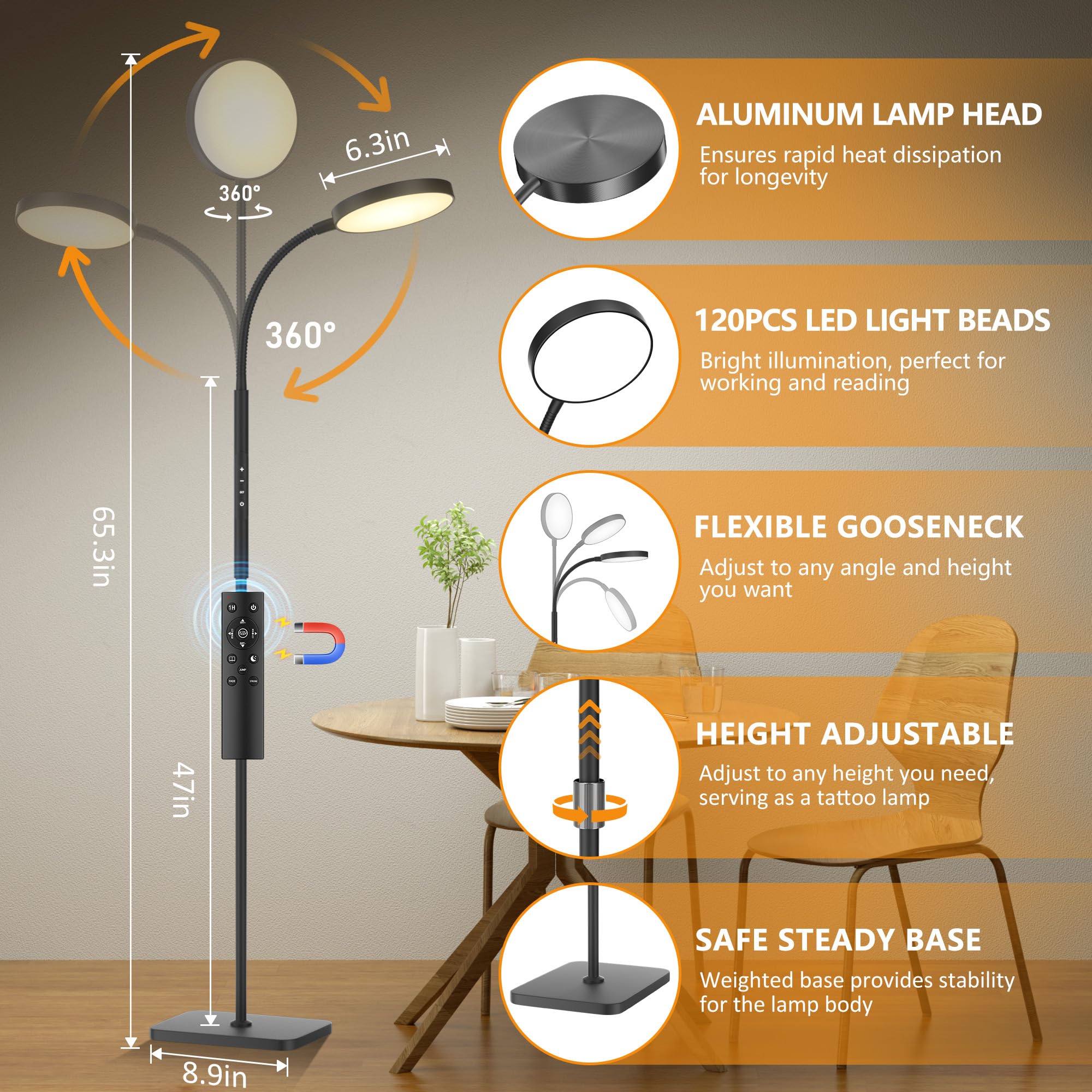 Floor Lamp, Adjustable Height Floor Lamps for Living Room Bedroom, 120 LED Super Bright Standing Lamp Remote & Touch Control Dimmable Gooseneck Tall Stand Reading Lamp for Office Craft, Black