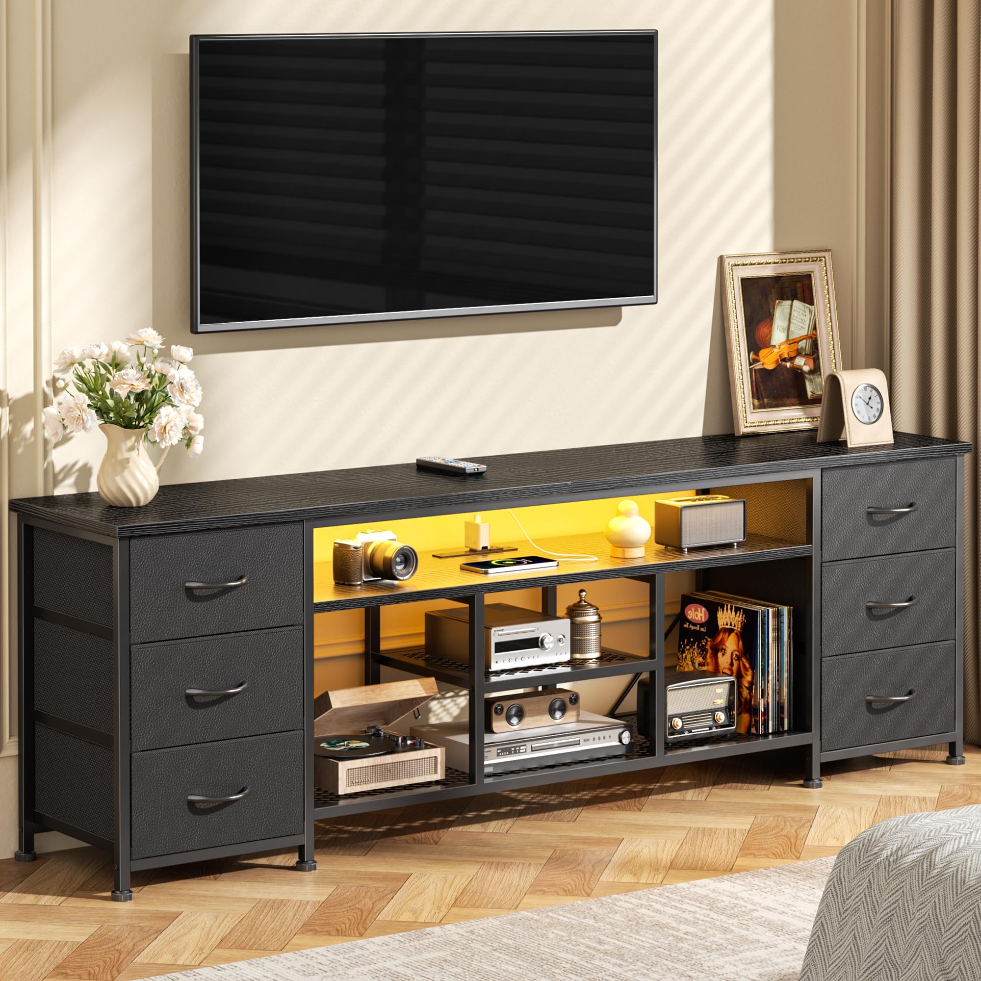Furologee LED TV Stand for 65, 70 Inch TV, 63 Inch Entertainment Center with Power Outlets, 6 Fabric Drawers Dresser for Bedroom, Media Console with Open Shelves, Rustic Brown