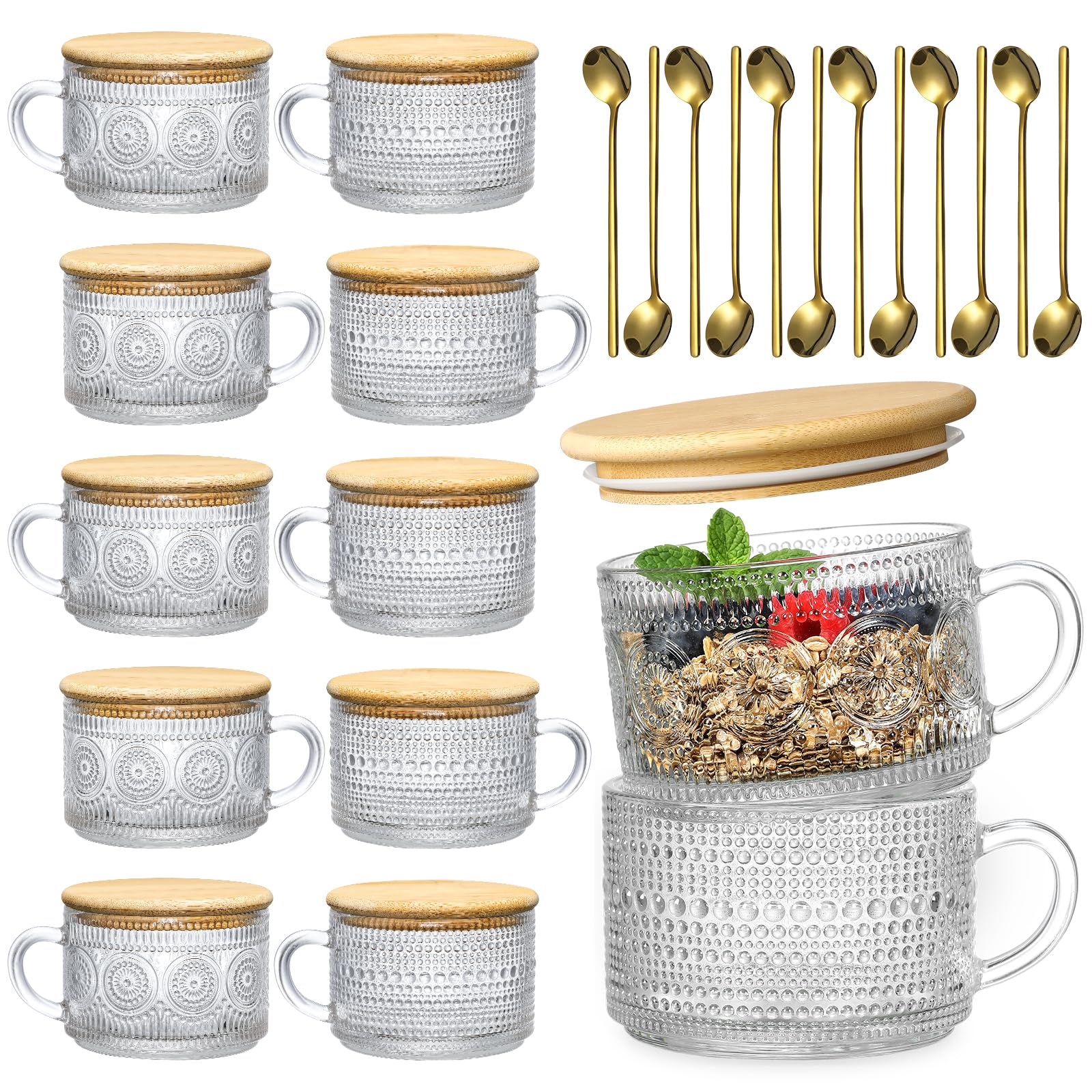 4pcs Set Vintage Coffee Mugs gifts for women, Overnight Oats Containers with Bamboo Lids and Spoons - 14oz Clear Embossed Glass Cups, Cute Coffee Bar Accessories, Iced Coffee Glasses