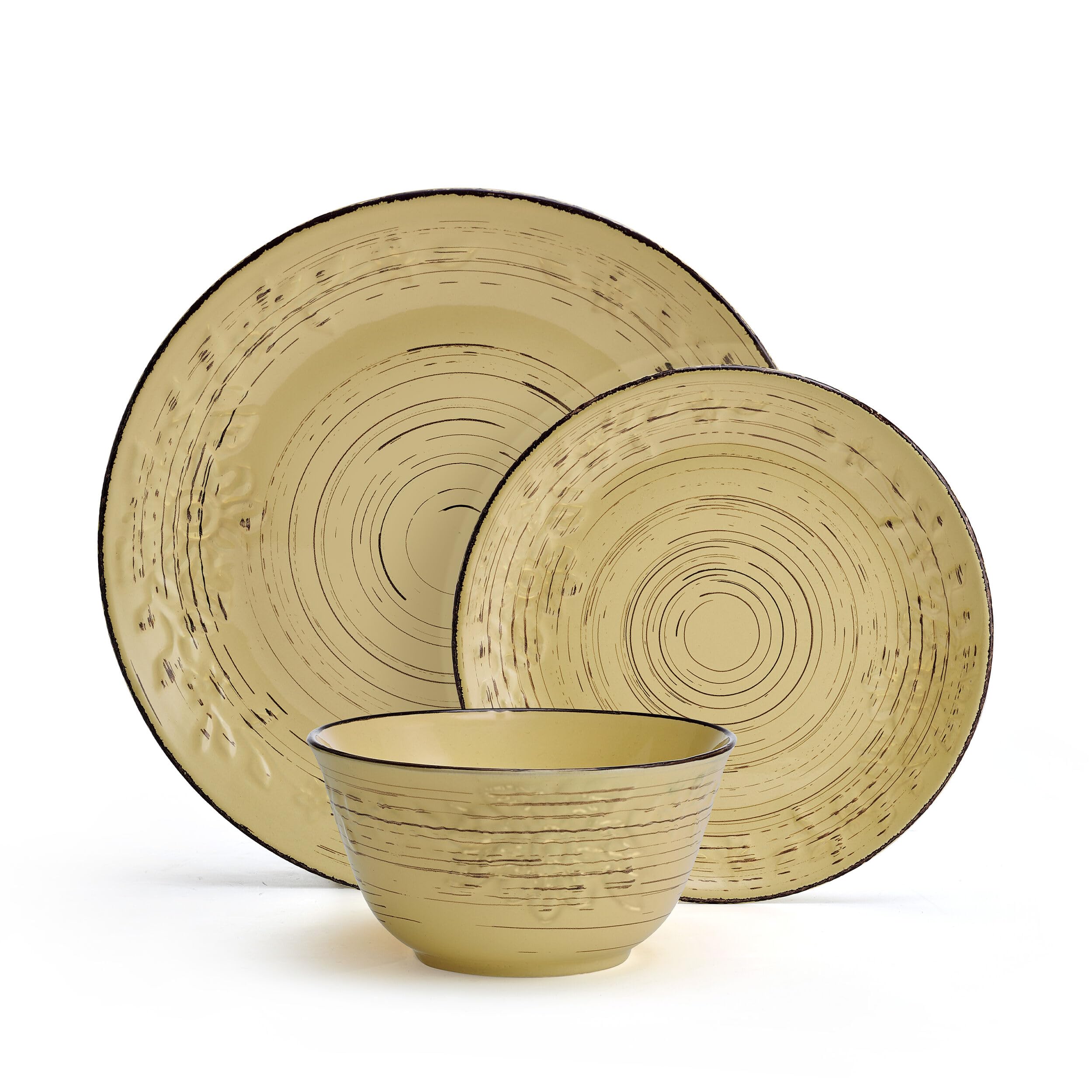 Pfaltzgraff Trellis White 16-Piece Stoneware Dinnerware Set, Service for 4, Distressed White Finish, Microwave & Dishwasher Safe Plates and Bowls
