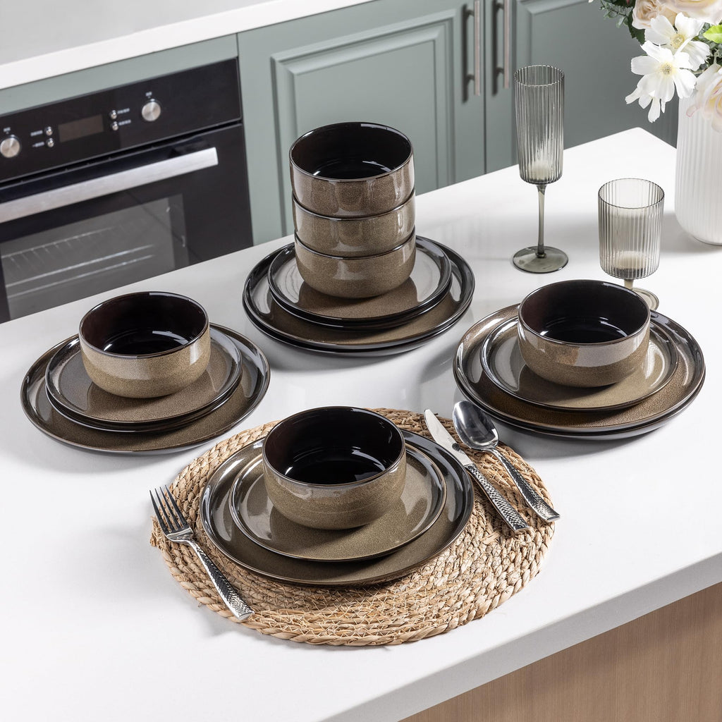 LERATIO Ceramic Dinnerware Sets for 8,Plates and Bowls Sets,Reactive Glaze Dishes Set,Highly Chip and Crack Resistant | Dishwasher & Microwave & Oven Safe Dishes set,Service for 8-Kahki (24pc)