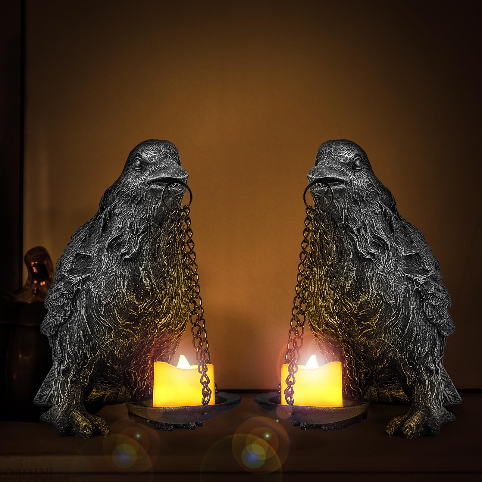 Gothic Crow Lamp with Tealight Candle Holder Resin Raven Decor Statue Gothic Home Decor for Bedroom Unique Goth Gifts Black