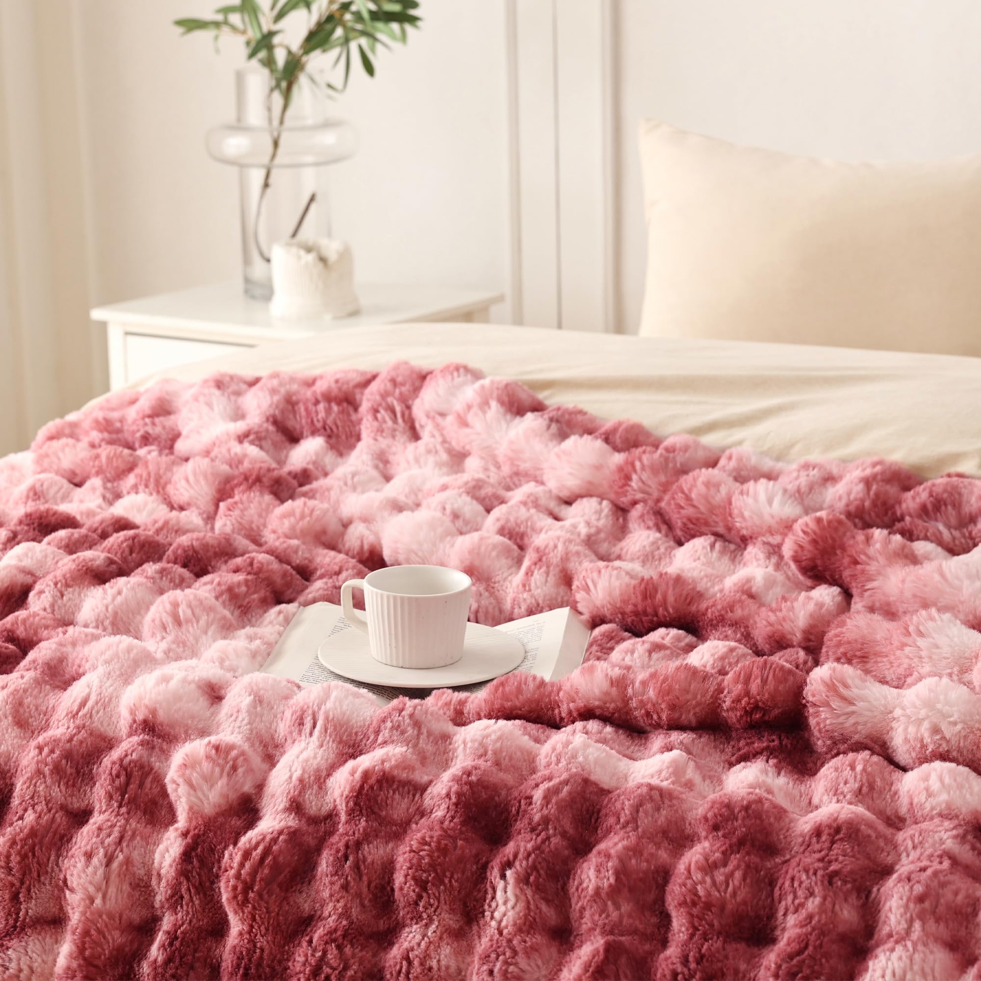 COOVA Faux Fur Throw Blanket for Couch, Cozy Soft and Fuzzy Plush Rabbit Fur Bubble Blanket for Sofa Bedroom Living Room, 50x60 Inches Tie Dye Brown