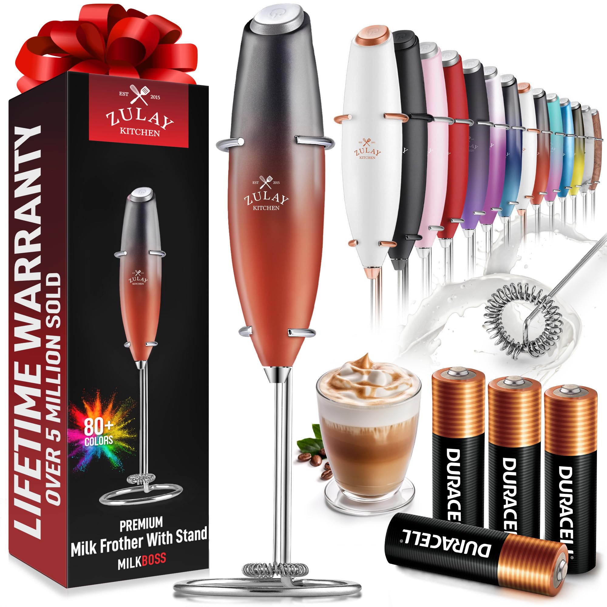 Zulay Kitchen Powerful Milk Frother Wand With 2 Duracell Batteries - Ultra Fast Handheld Drink Mixer - Electric Whisk Foam Maker for Coffee, Lattes, Cappuccino, Matcha, Hot Chocolate & Creamer - Black