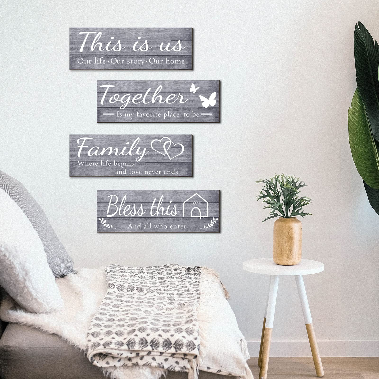 4 Pieces Home Wall Signs, THIS IS US/TOGETHER/BLESS THIS HOME/FAMILY Wall Decor For Living Room Bedroom, Rustic Wooden Farmhouse Wall Art , 4.7 x 13.8 Inch(Brown)