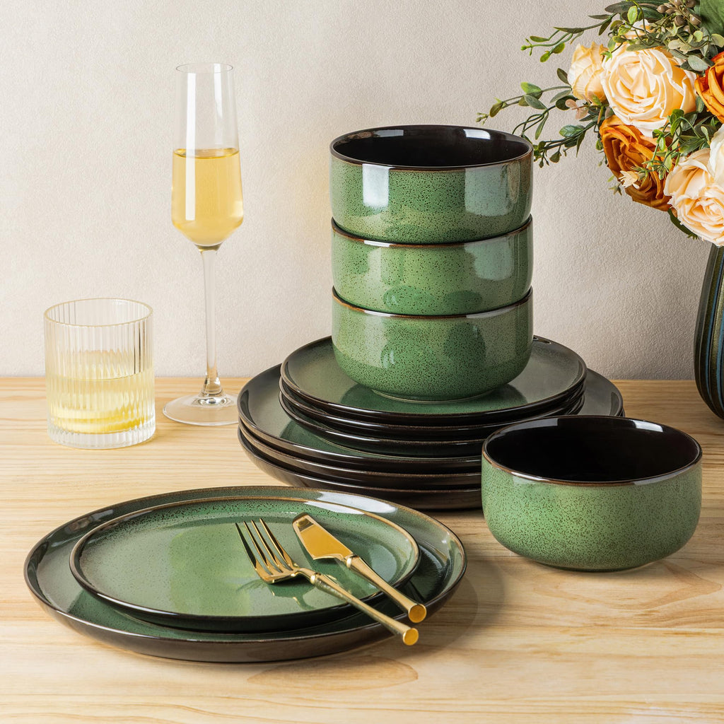 LERATIO Ceramic Dinnerware Sets for 8,Plates and Bowls Sets,Reactive Glaze Dishes Set,Highly Chip and Crack Resistant | Dishwasher & Microwave & Oven Safe Dishes set,Service for 8-Kahki (24pc)