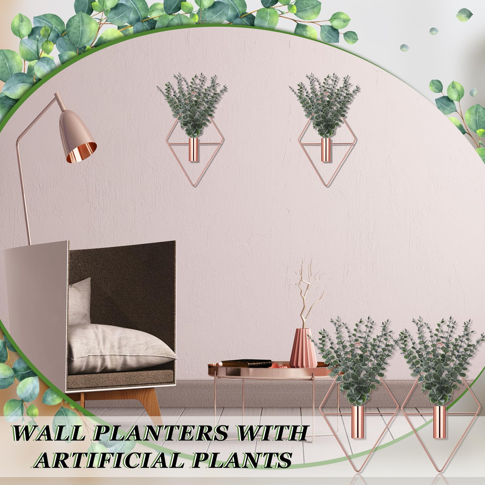 Jexine 4 Pcs Hanging Planters with Artificial Eucalyptus Metal Hanging Vase Indoor Plants Holder Modern Geometric Boho Bathroom Wall Decor for Living Room Home Office(Black)