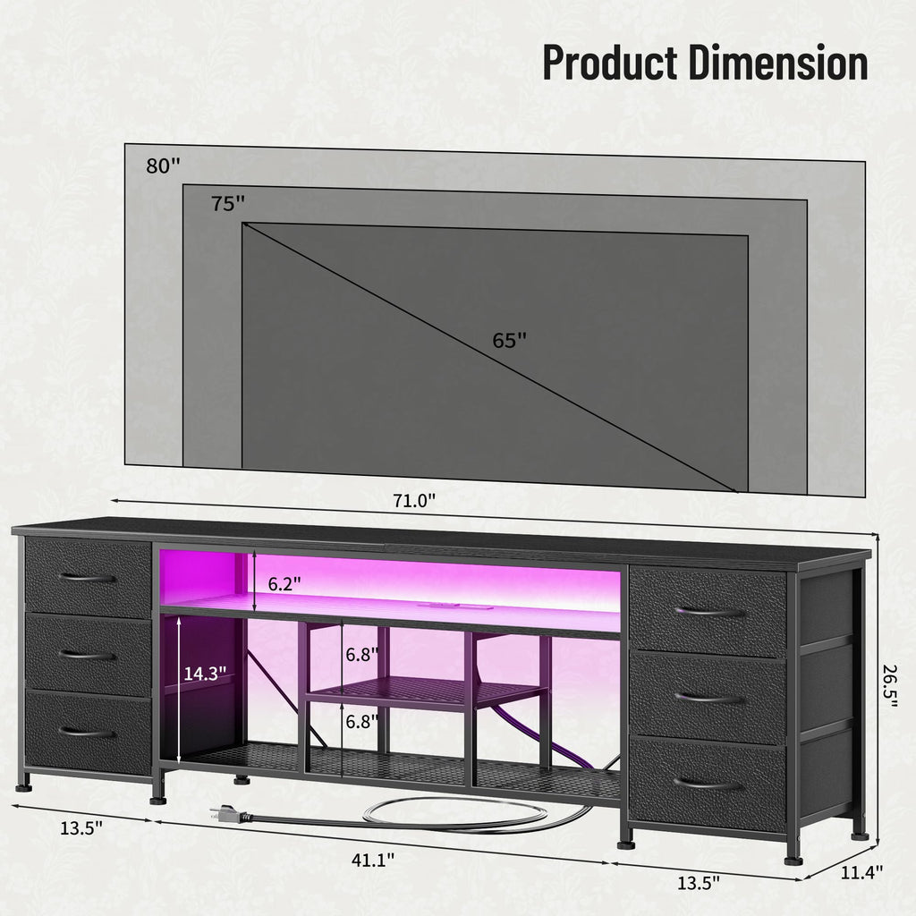 Furologee LED TV Stand for 65, 70 Inch TV, 63 Inch Entertainment Center with Power Outlets, 6 Fabric Drawers Dresser for Bedroom, Media Console with Open Shelves, Rustic Brown