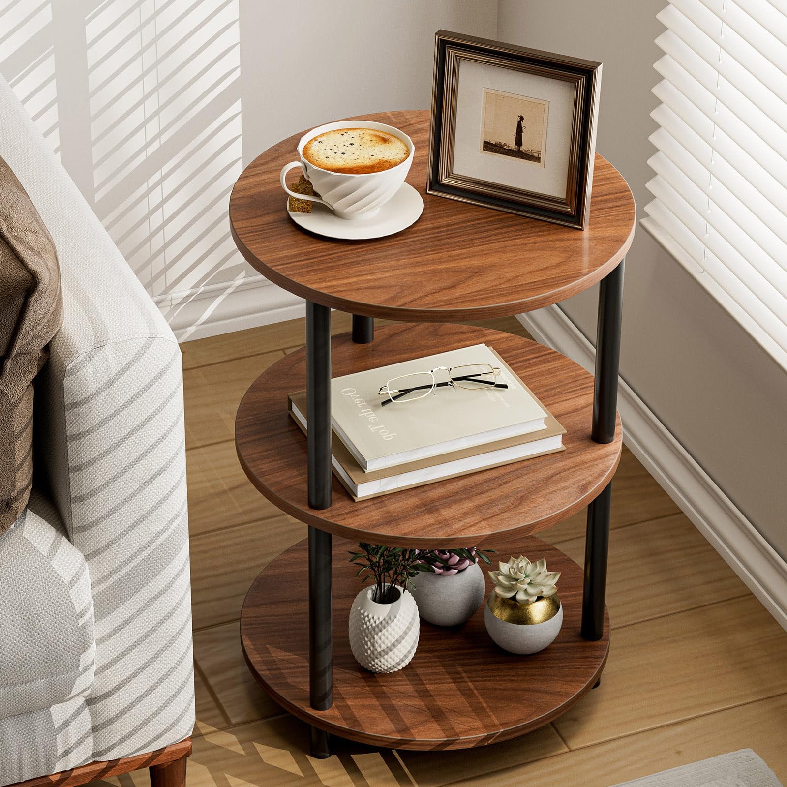 Small Round Coffee Table - 3 Tier Design Accent Table, Narrow Side or Bedside Stand, Industrial Vintage Nightstand for Bedroom, Living Room, or Small Spaces, Rustic Brown