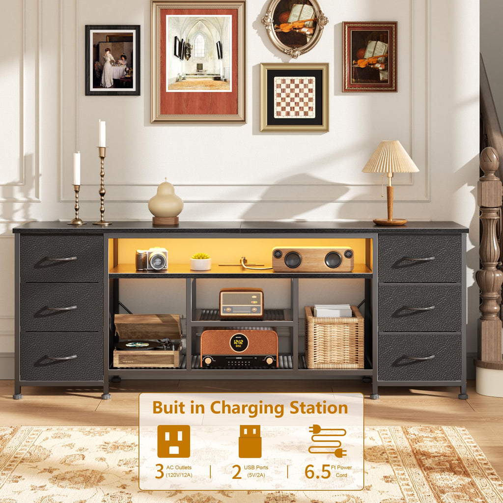 Furologee LED TV Stand for 65, 70 Inch TV, 63 Inch Entertainment Center with Power Outlets, 6 Fabric Drawers Dresser for Bedroom, Media Console with Open Shelves, Rustic Brown