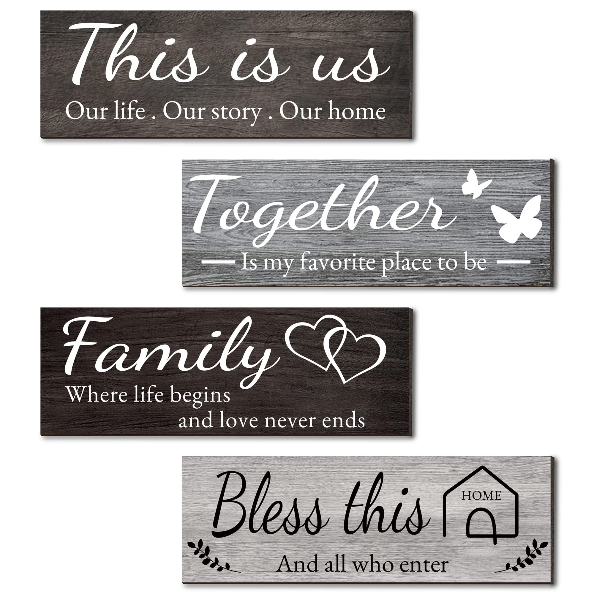 4 Pieces Home Wall Signs, THIS IS US/TOGETHER/BLESS THIS HOME/FAMILY Wall Decor For Living Room Bedroom, Rustic Wooden Farmhouse Wall Art , 4.7 x 13.8 Inch(Brown)