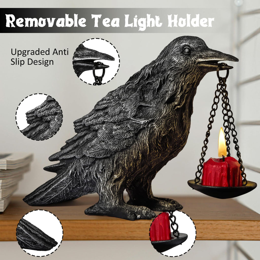 Gothic Crow Lamp with Tealight Candle Holder Resin Raven Decor Statue Gothic Home Decor for Bedroom Unique Goth Gifts Black