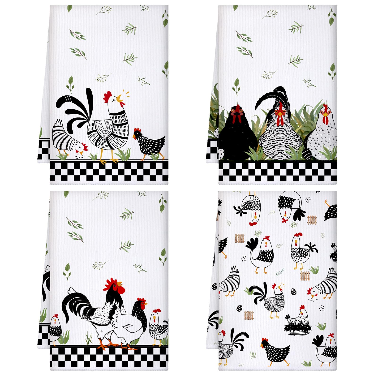 Geyoga 4 Pcs Chicken Kitchen Towels Rooster Dish Hand Towels Farm Animal Cow Vintage Rustic Tea Cloth for Spring Easter Bathroom Farmhouse Decor Gifts, 16 x 24 Inch(Classic Color,Rooster)