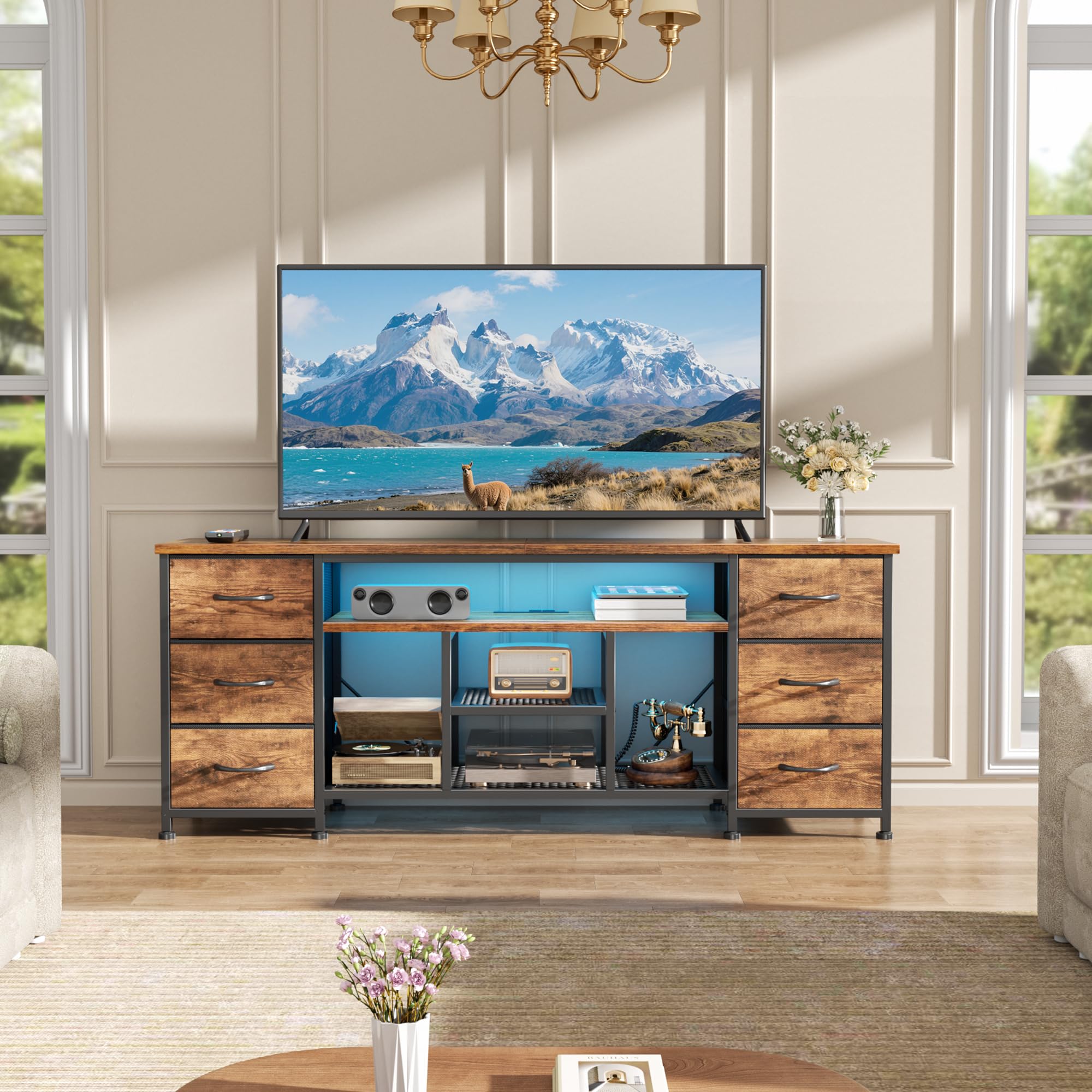 Furologee LED TV Stand for 65, 70 Inch TV, 63 Inch Entertainment Center with Power Outlets, 6 Fabric Drawers Dresser for Bedroom, Media Console with Open Shelves, Rustic Brown