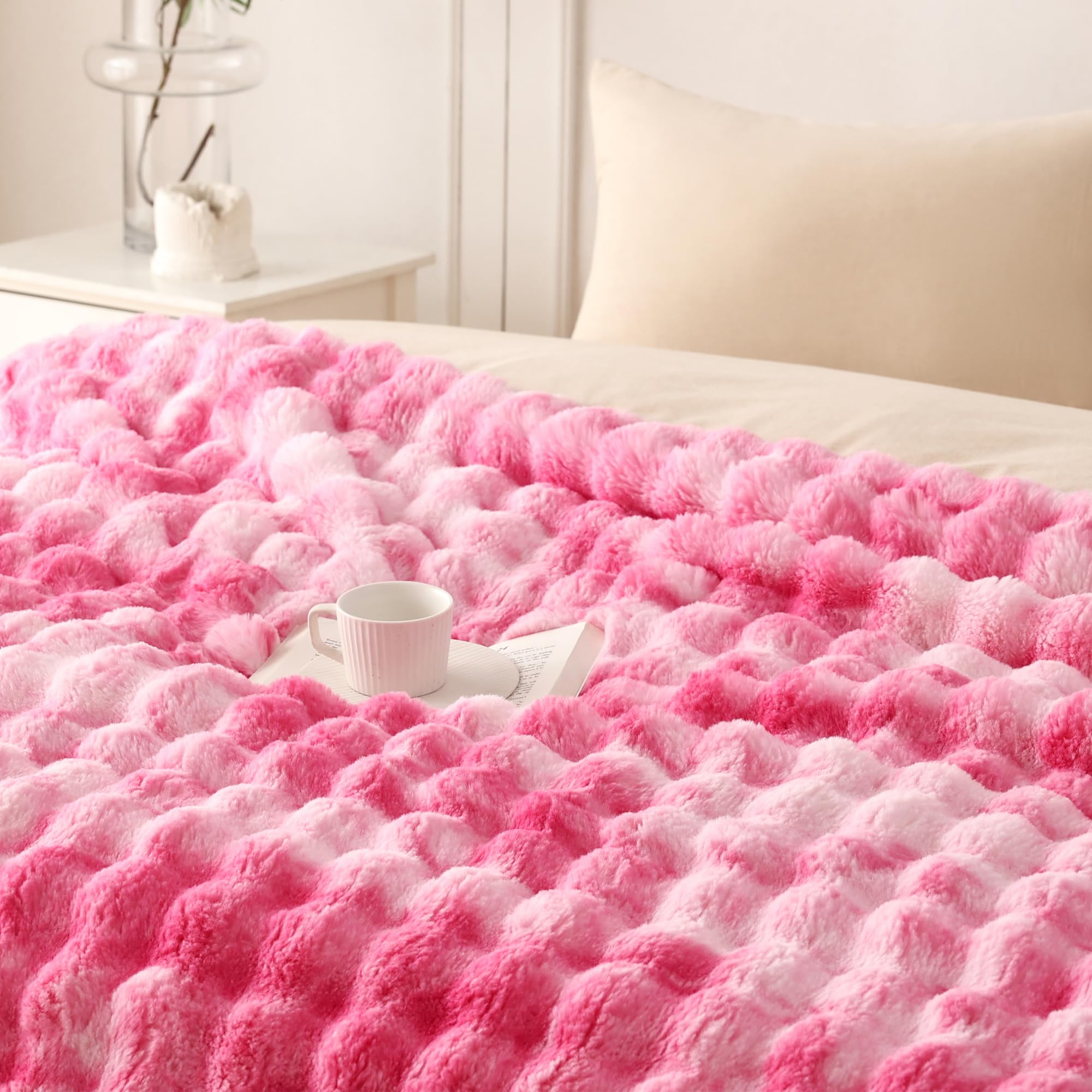 COOVA Faux Fur Throw Blanket for Couch, Cozy Soft and Fuzzy Plush Rabbit Fur Bubble Blanket for Sofa Bedroom Living Room, 50x60 Inches Tie Dye Brown