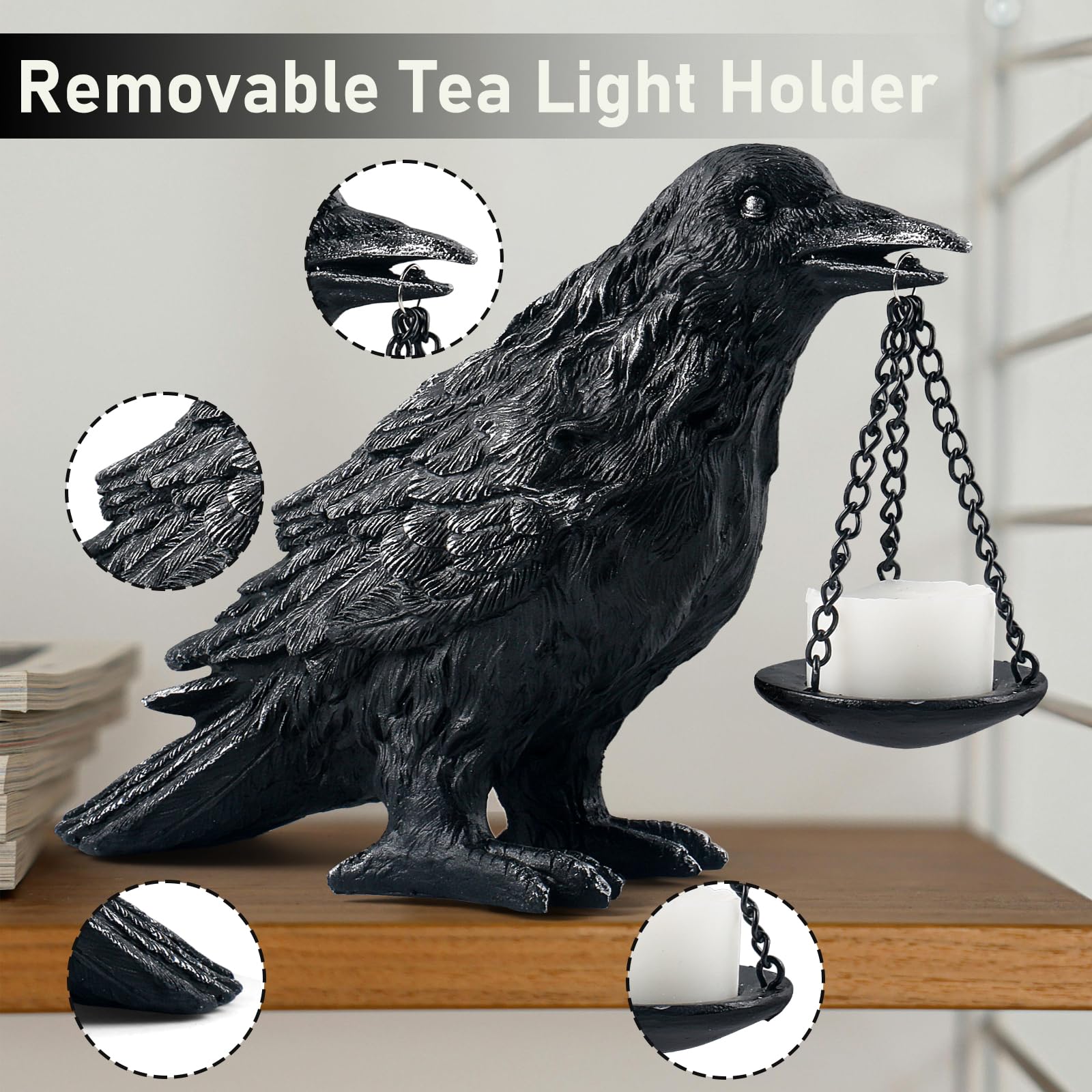 Gothic Crow Lamp with Tealight Candle Holder Resin Raven Decor Statue Gothic Home Decor for Bedroom Unique Goth Gifts Black