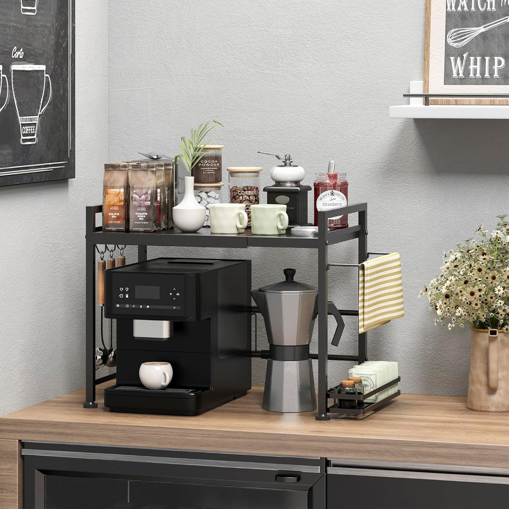 DOLALIKE Microwave Oven Rack, Expandable Microwave Stand Countertop Kitchen Utensils Tableware Storage, Carbon Steel Over Microwave Shelf Countertop with 3 Hooks