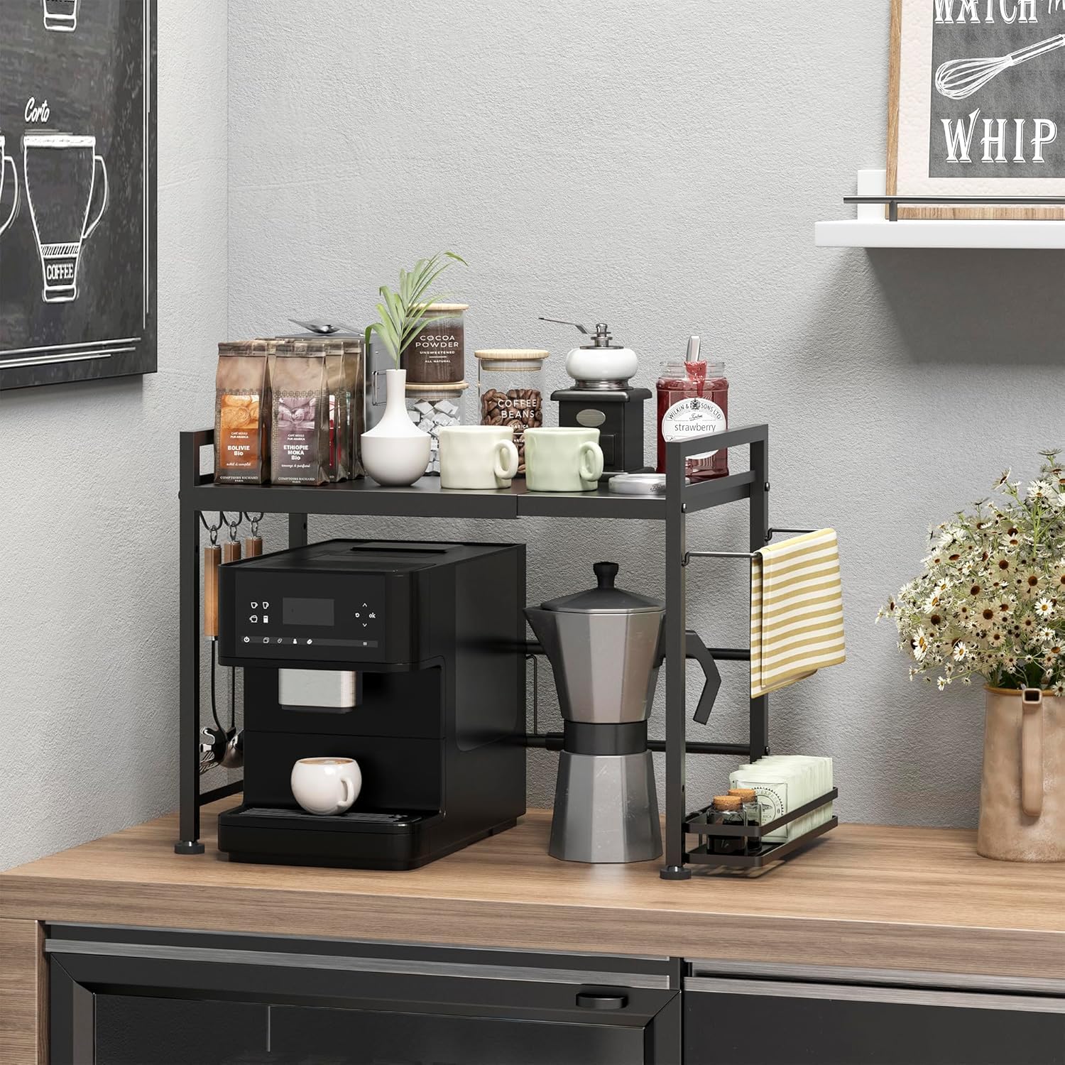 DOLALIKE Microwave Oven Rack, Expandable Microwave Stand Countertop Kitchen Utensils Tableware Storage, Carbon Steel Over Microwave Shelf Countertop with 3 Hooks