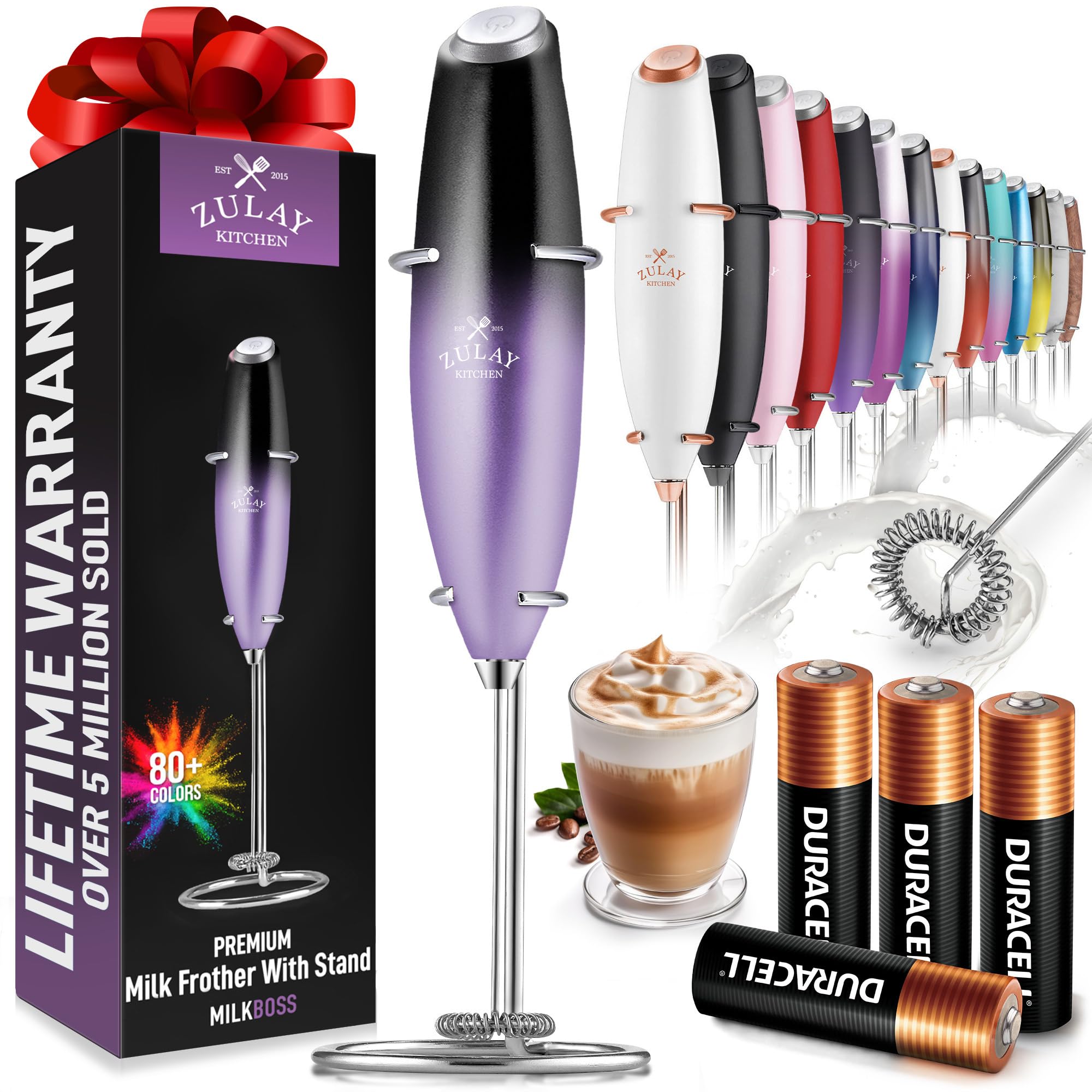 Zulay Kitchen Powerful Milk Frother Wand With 2 Duracell Batteries - Ultra Fast Handheld Drink Mixer - Electric Whisk Foam Maker for Coffee, Lattes, Cappuccino, Matcha, Hot Chocolate & Creamer - Black