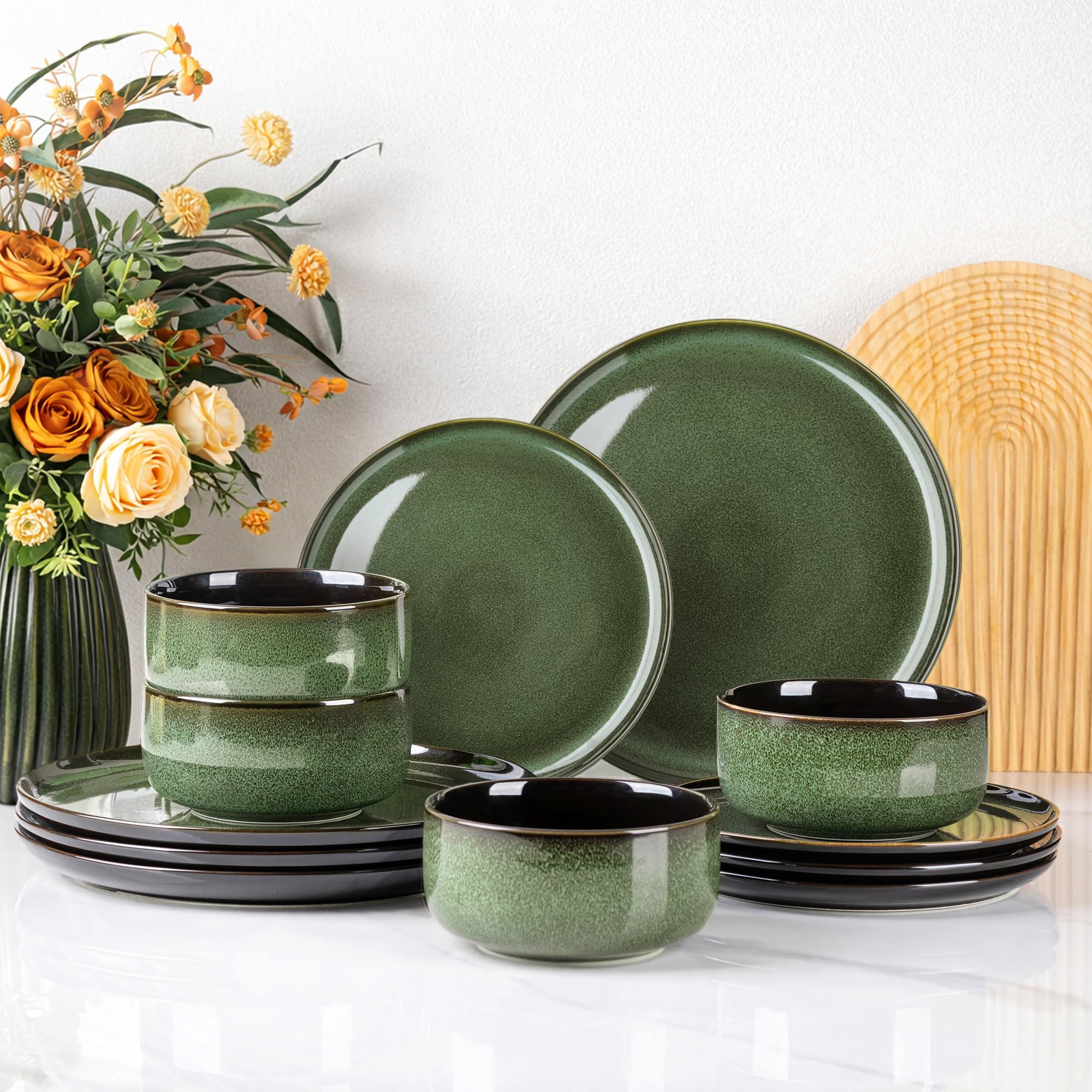 LERATIO Ceramic Dinnerware Sets for 8,Plates and Bowls Sets,Reactive Glaze Dishes Set,Highly Chip and Crack Resistant | Dishwasher & Microwave & Oven Safe Dishes set,Service for 8-Kahki (24pc)