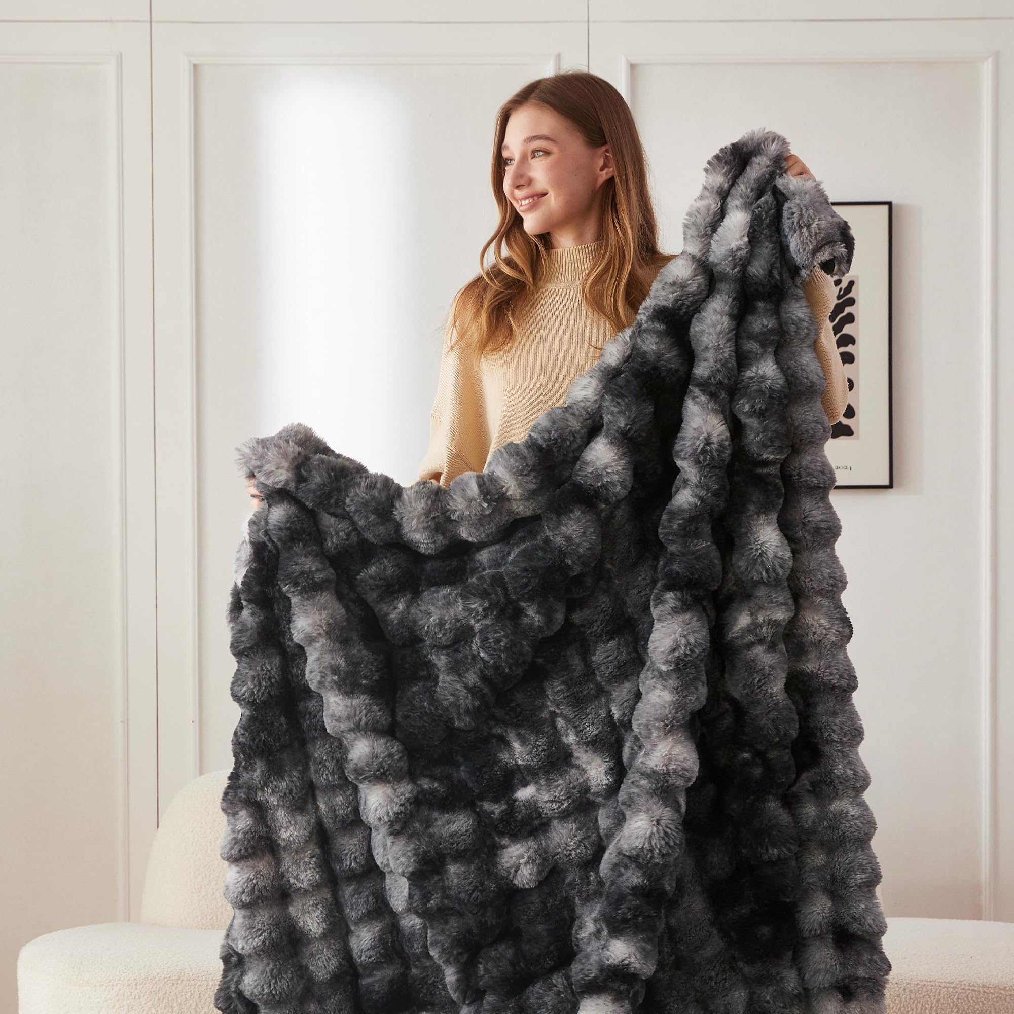 COOVA Faux Fur Throw Blanket for Couch, Cozy Soft and Fuzzy Plush Rabbit Fur Bubble Blanket for Sofa Bedroom Living Room, 50x60 Inches Tie Dye Brown