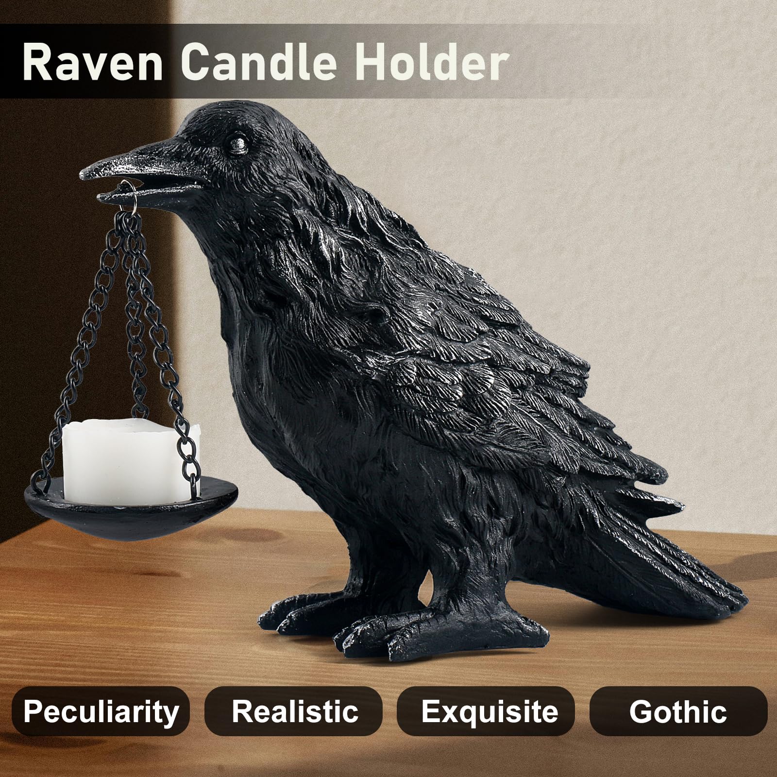 Gothic Crow Lamp with Tealight Candle Holder Resin Raven Decor Statue Gothic Home Decor for Bedroom Unique Goth Gifts Black