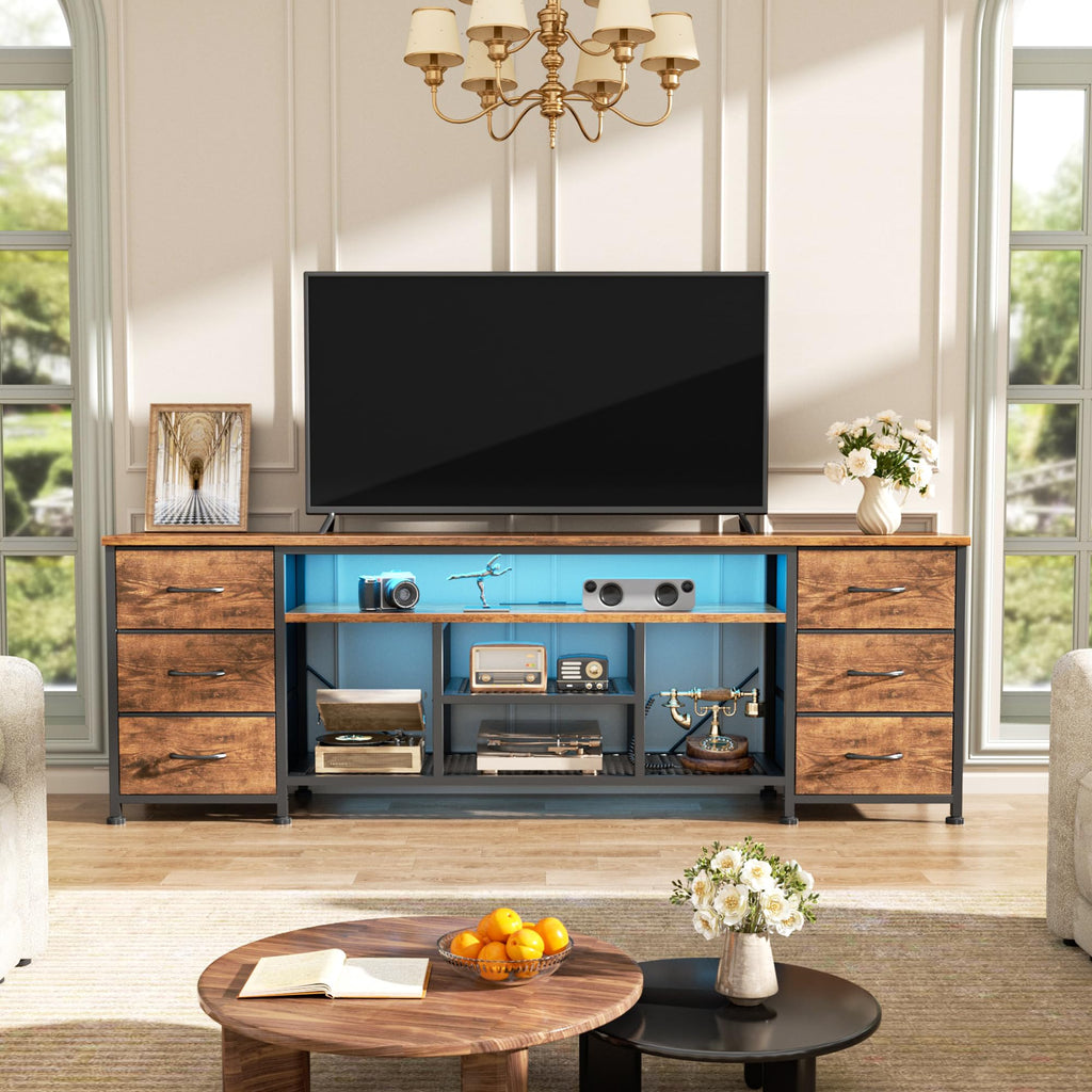 Furologee LED TV Stand for 65, 70 Inch TV, 63 Inch Entertainment Center with Power Outlets, 6 Fabric Drawers Dresser for Bedroom, Media Console with Open Shelves, Rustic Brown
