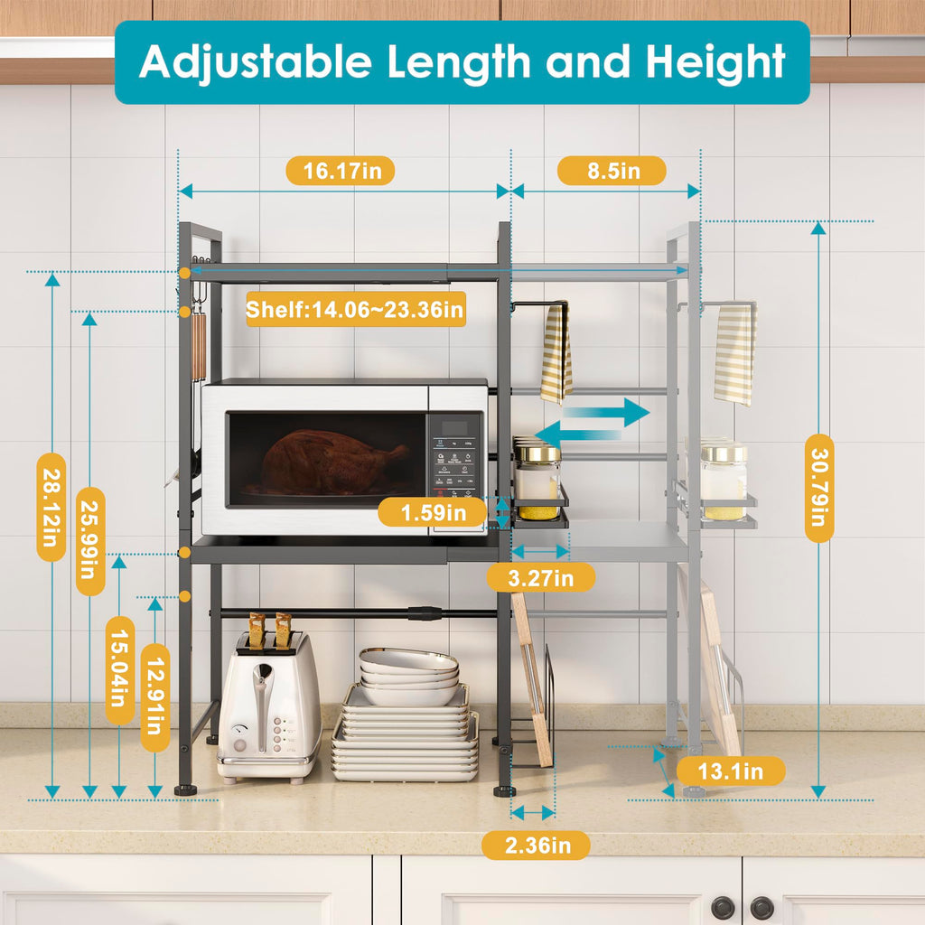 DOLALIKE Microwave Oven Rack, Expandable Microwave Stand Countertop Kitchen Utensils Tableware Storage, Carbon Steel Over Microwave Shelf Countertop with 3 Hooks