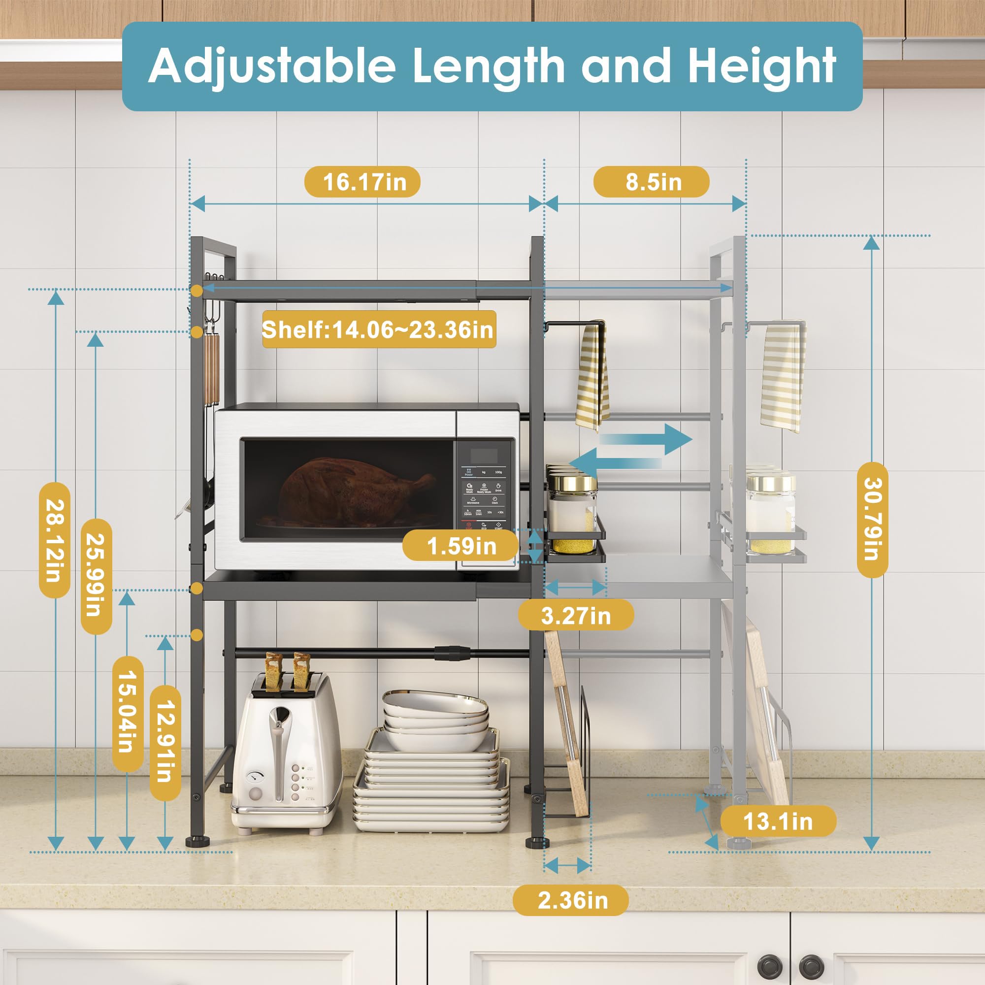 DOLALIKE Microwave Oven Rack, Expandable Microwave Stand Countertop Kitchen Utensils Tableware Storage, Carbon Steel Over Microwave Shelf Countertop with 3 Hooks