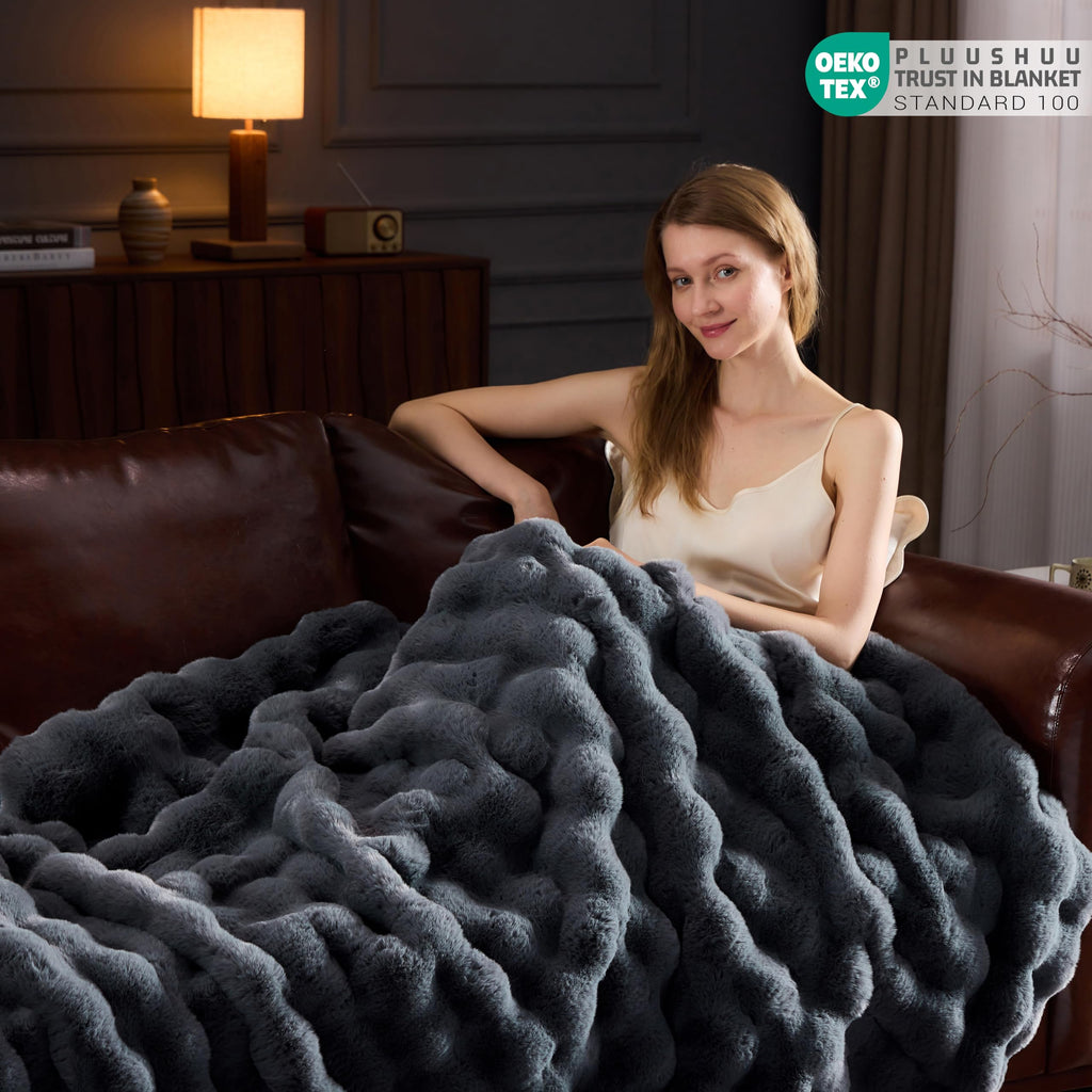 Faux Fur Throw Blanket for Couch, Fluffy Fuzzy Plush Bubble Blanket, Soft Warm Cozy Shaggy Rabbit Blanket, Luxury Decorative Gifts for Sofa Bedroom Living Room, 60x50inch (Cow Print-Brown)
