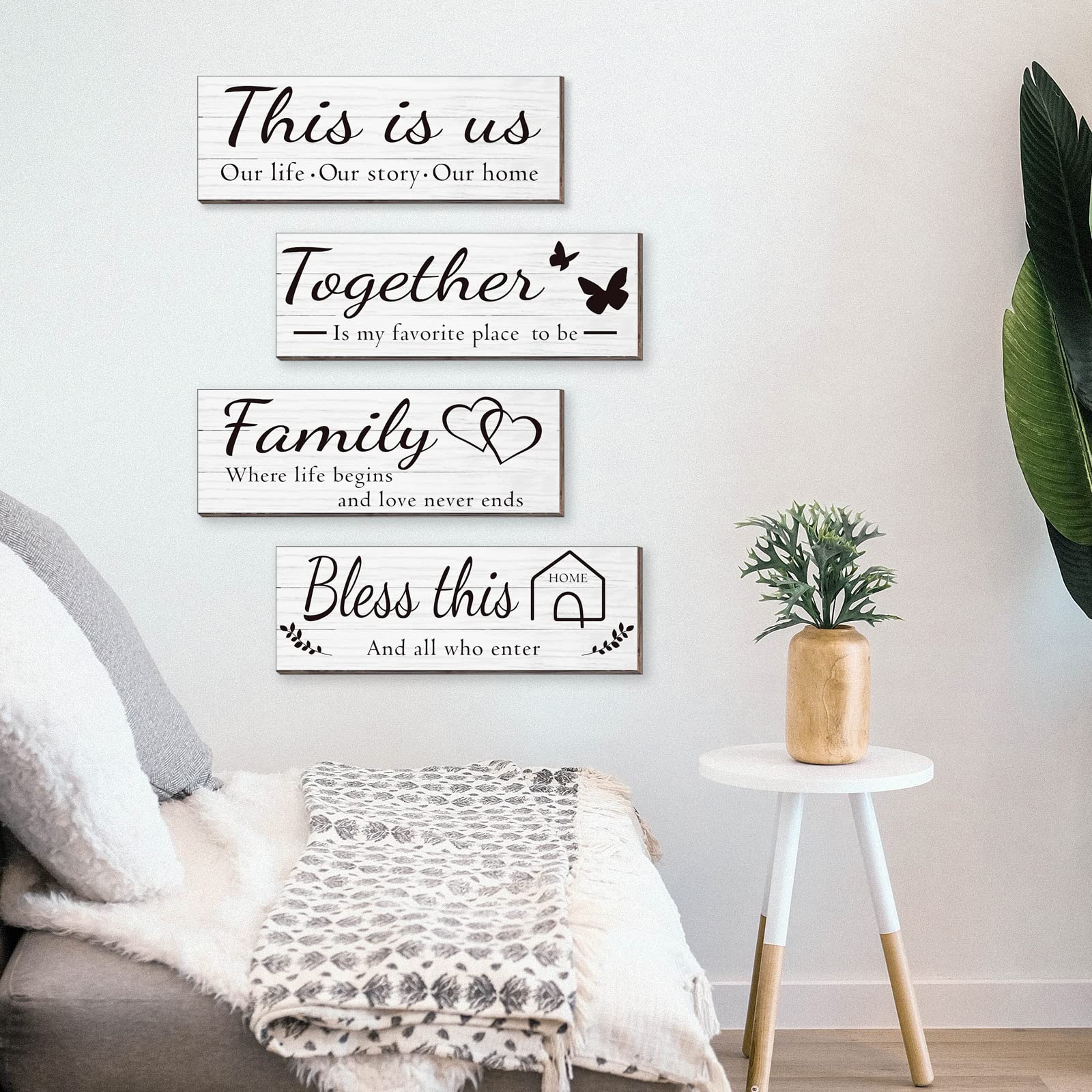 4 Pieces Home Wall Signs, THIS IS US/TOGETHER/BLESS THIS HOME/FAMILY Wall Decor For Living Room Bedroom, Rustic Wooden Farmhouse Wall Art , 4.7 x 13.8 Inch(Brown)