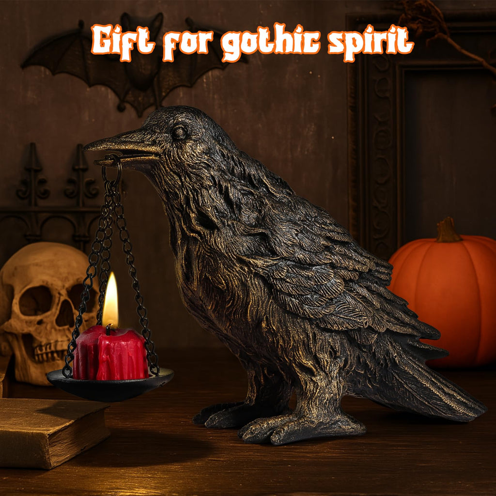 Gothic Crow Lamp with Tealight Candle Holder Resin Raven Decor Statue Gothic Home Decor for Bedroom Unique Goth Gifts Black