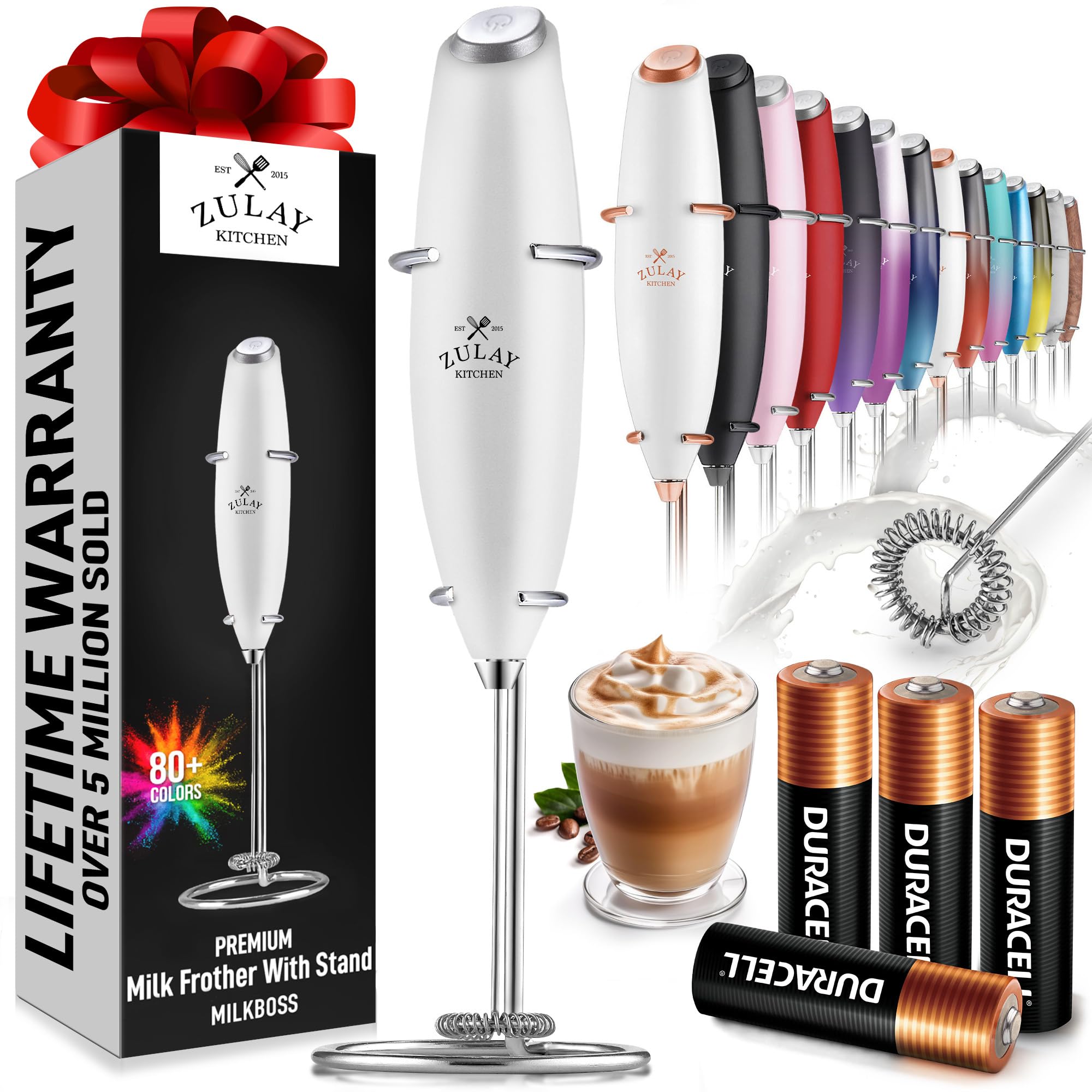 Zulay Kitchen Powerful Milk Frother Wand With 2 Duracell Batteries - Ultra Fast Handheld Drink Mixer - Electric Whisk Foam Maker for Coffee, Lattes, Cappuccino, Matcha, Hot Chocolate & Creamer - Black