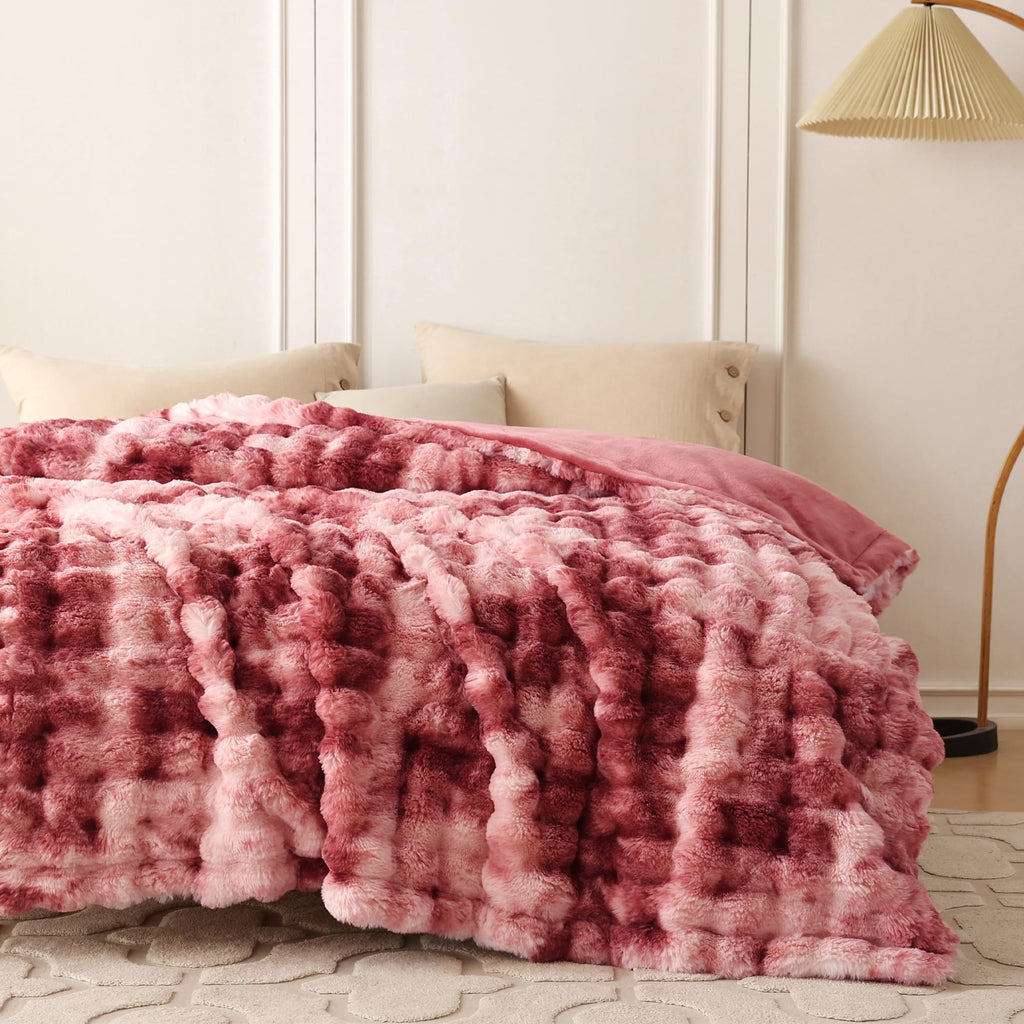 COOVA Faux Fur Throw Blanket for Couch, Cozy Soft and Fuzzy Plush Rabbit Fur Bubble Blanket for Sofa Bedroom Living Room, 50x60 Inches Tie Dye Brown