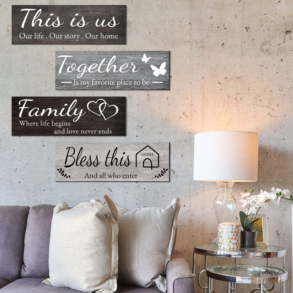 4 Pieces Home Wall Signs, THIS IS US/TOGETHER/BLESS THIS HOME/FAMILY Wall Decor For Living Room Bedroom, Rustic Wooden Farmhouse Wall Art , 4.7 x 13.8 Inch(Brown)