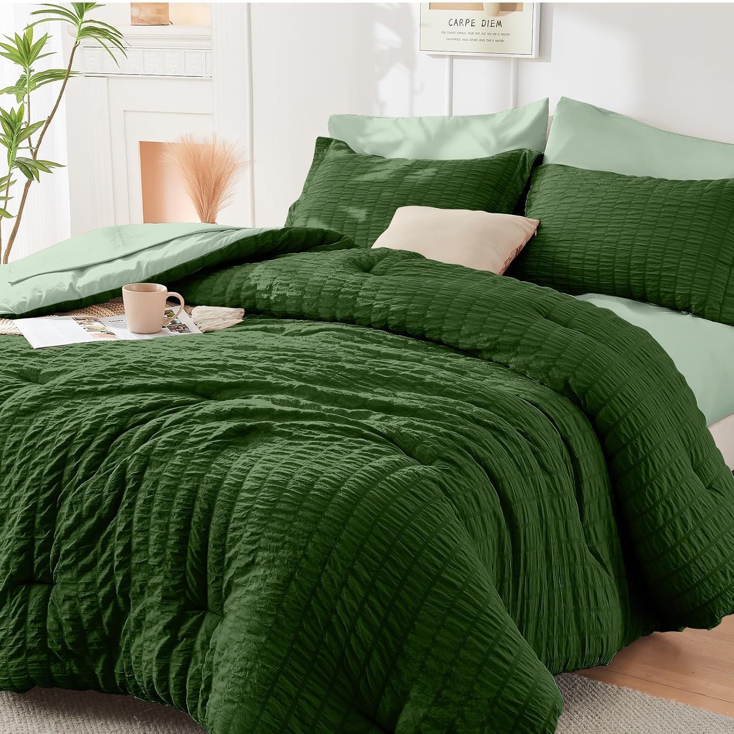 HYMOKEGE Queen Comforter Set Seersucker 7 Pieces, All Season Luxury Bed in a Bag for Bedroom, Bedding Set with Comforters, Sheets, Pillowcases & Shams, Dark Grey