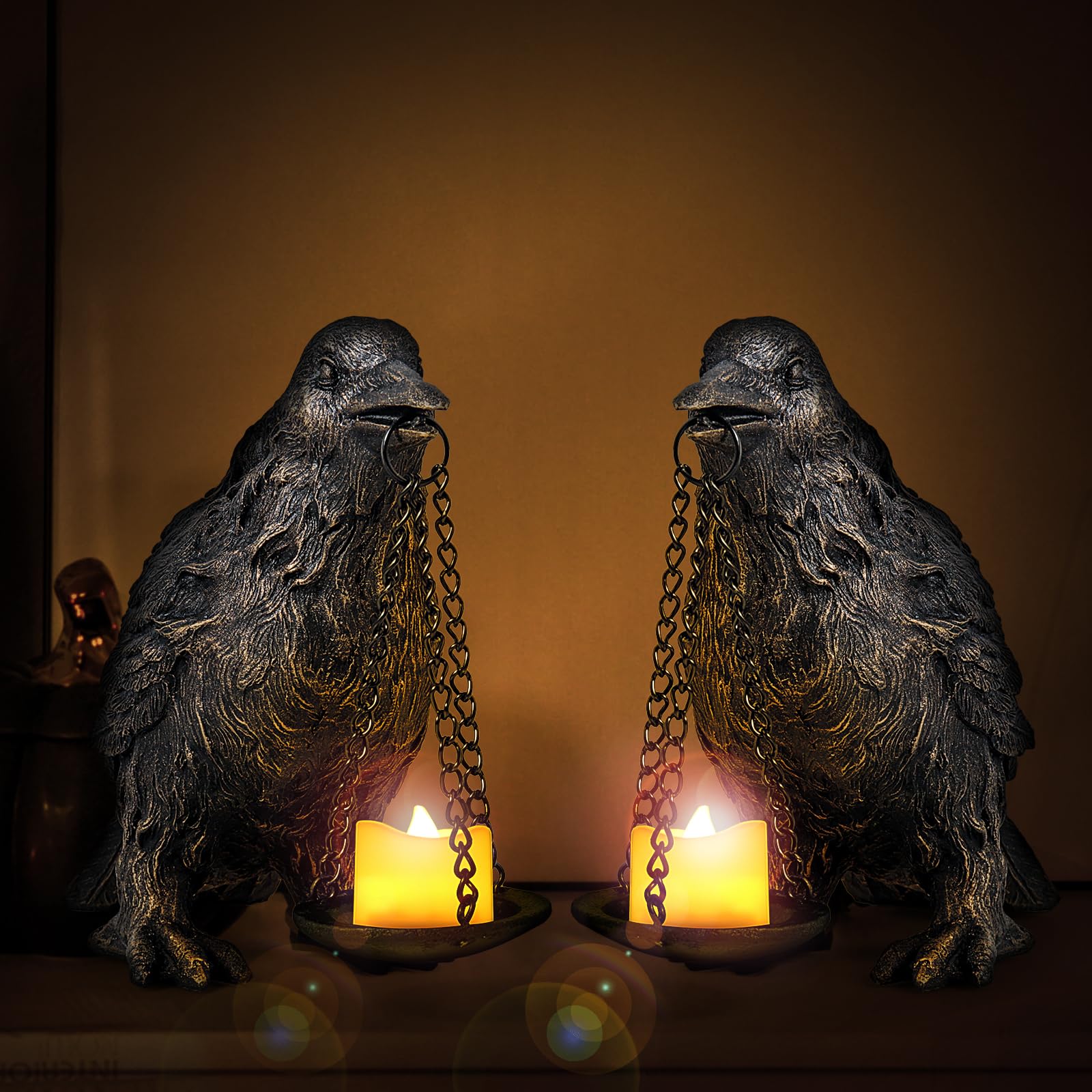 Gothic Crow Lamp with Tealight Candle Holder Resin Raven Decor Statue Gothic Home Decor for Bedroom Unique Goth Gifts Black
