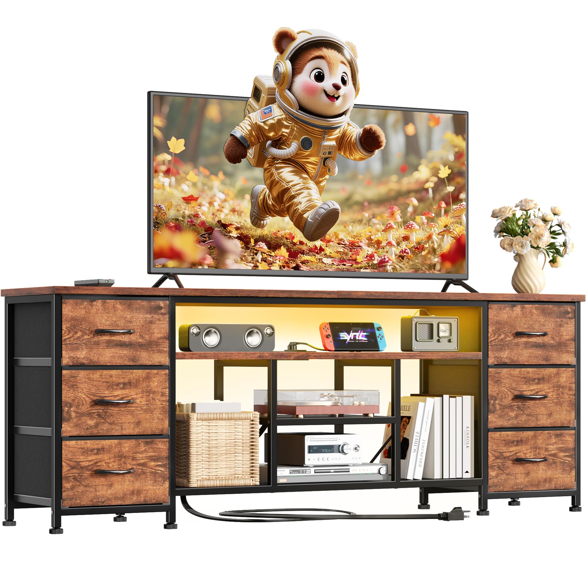 Furologee LED TV Stand for 65, 70 Inch TV, 63 Inch Entertainment Center with Power Outlets, 6 Fabric Drawers Dresser for Bedroom, Media Console with Open Shelves, Rustic Brown