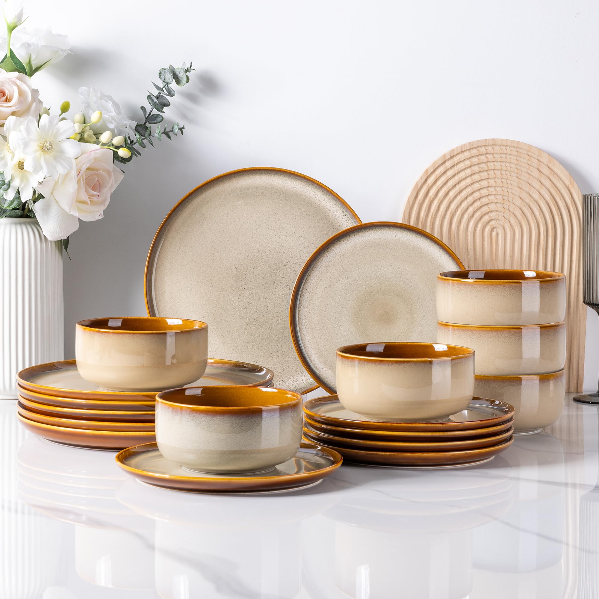 LERATIO Ceramic Dinnerware Sets for 8,Plates and Bowls Sets,Reactive Glaze Dishes Set,Highly Chip and Crack Resistant | Dishwasher & Microwave & Oven Safe Dishes set,Service for 8-Kahki (24pc)