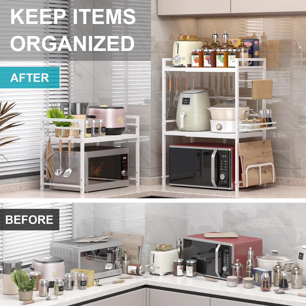 DOLALIKE Microwave Oven Rack, Expandable Microwave Stand Countertop Kitchen Utensils Tableware Storage, Carbon Steel Over Microwave Shelf Countertop with 3 Hooks