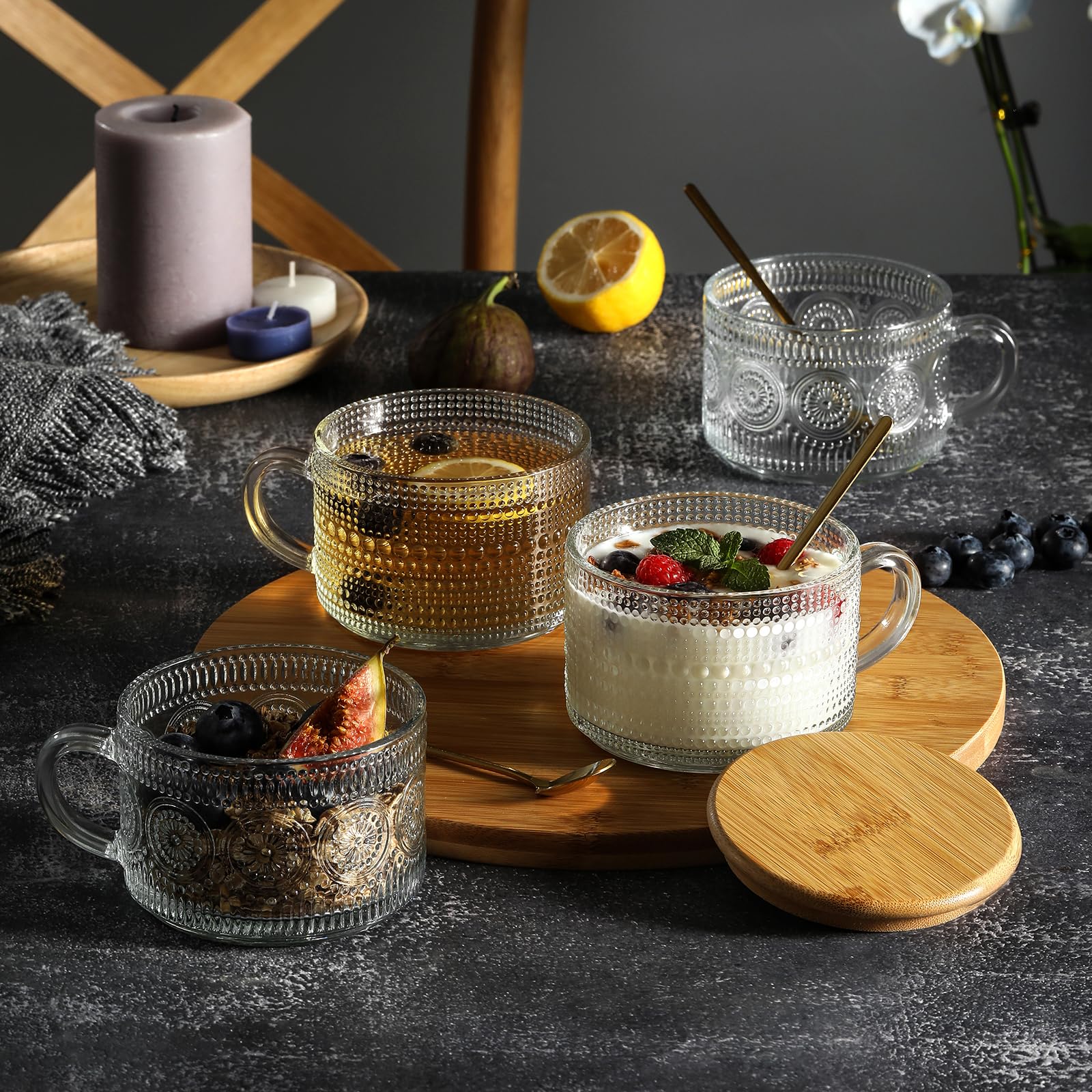 4pcs Set Vintage Coffee Mugs gifts for women, Overnight Oats Containers with Bamboo Lids and Spoons - 14oz Clear Embossed Glass Cups, Cute Coffee Bar Accessories, Iced Coffee Glasses