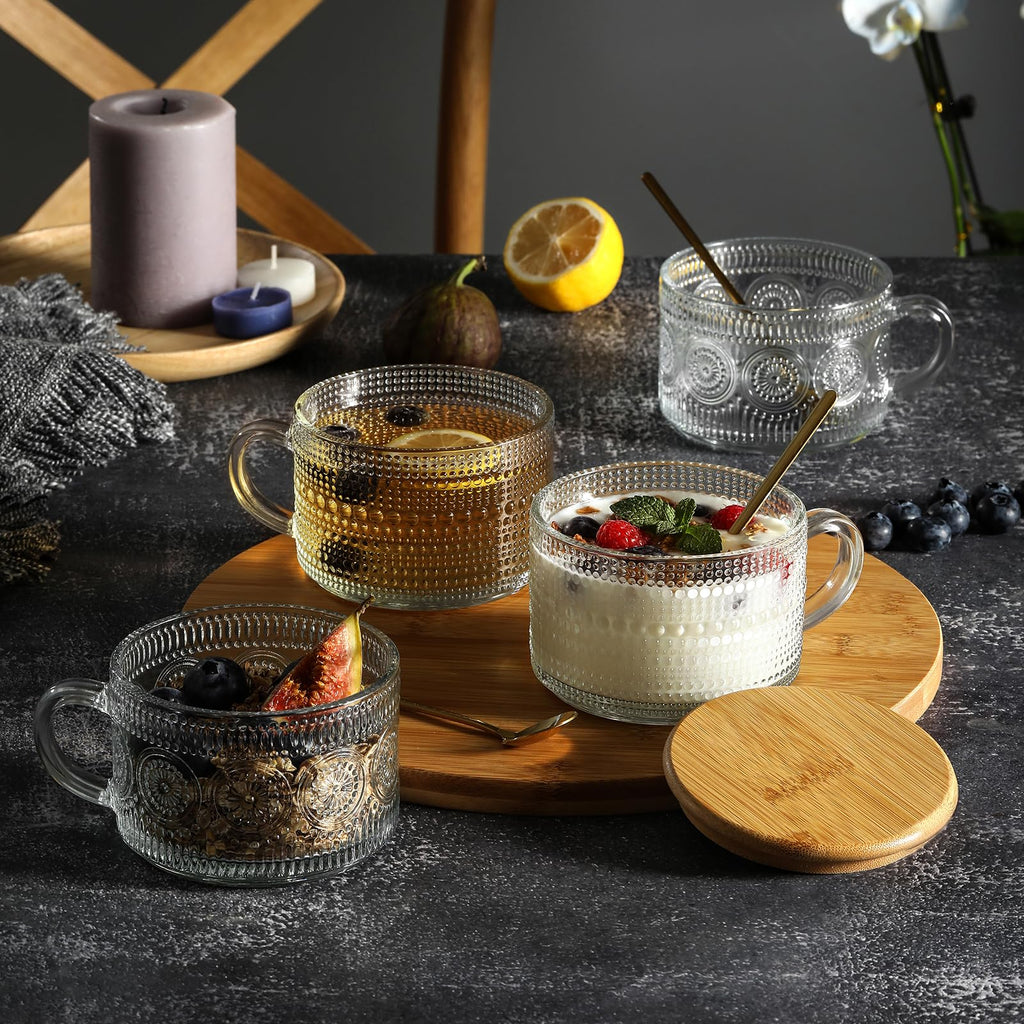 4pcs Set Vintage Coffee Mugs gifts for women, Overnight Oats Containers with Bamboo Lids and Spoons - 14oz Clear Embossed Glass Cups, Cute Coffee Bar Accessories, Iced Coffee Glasses