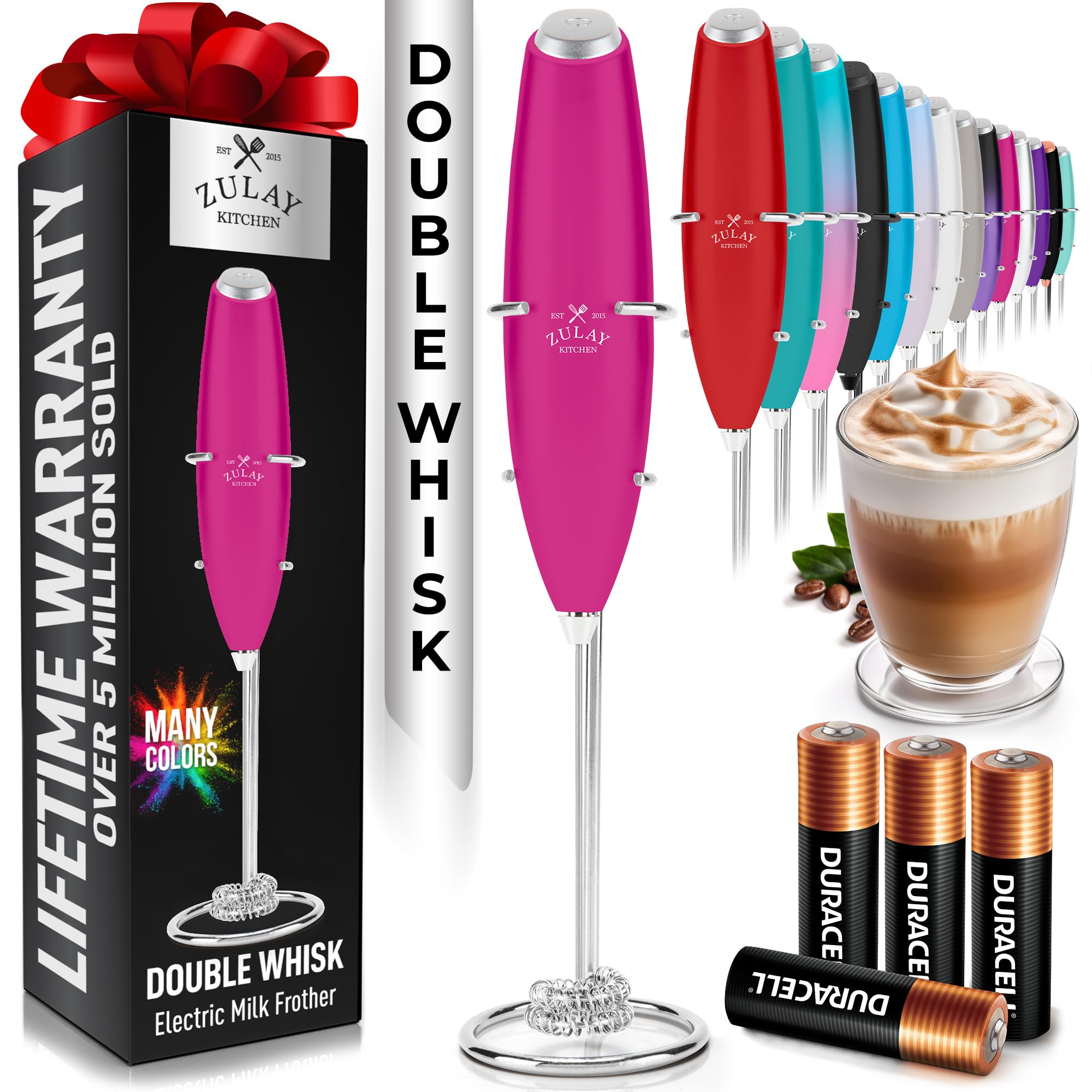 Zulay Kitchen Powerful Milk Frother Wand With 2 Duracell Batteries - Ultra Fast Handheld Drink Mixer - Electric Whisk Foam Maker for Coffee, Lattes, Cappuccino, Matcha, Hot Chocolate & Creamer - Black