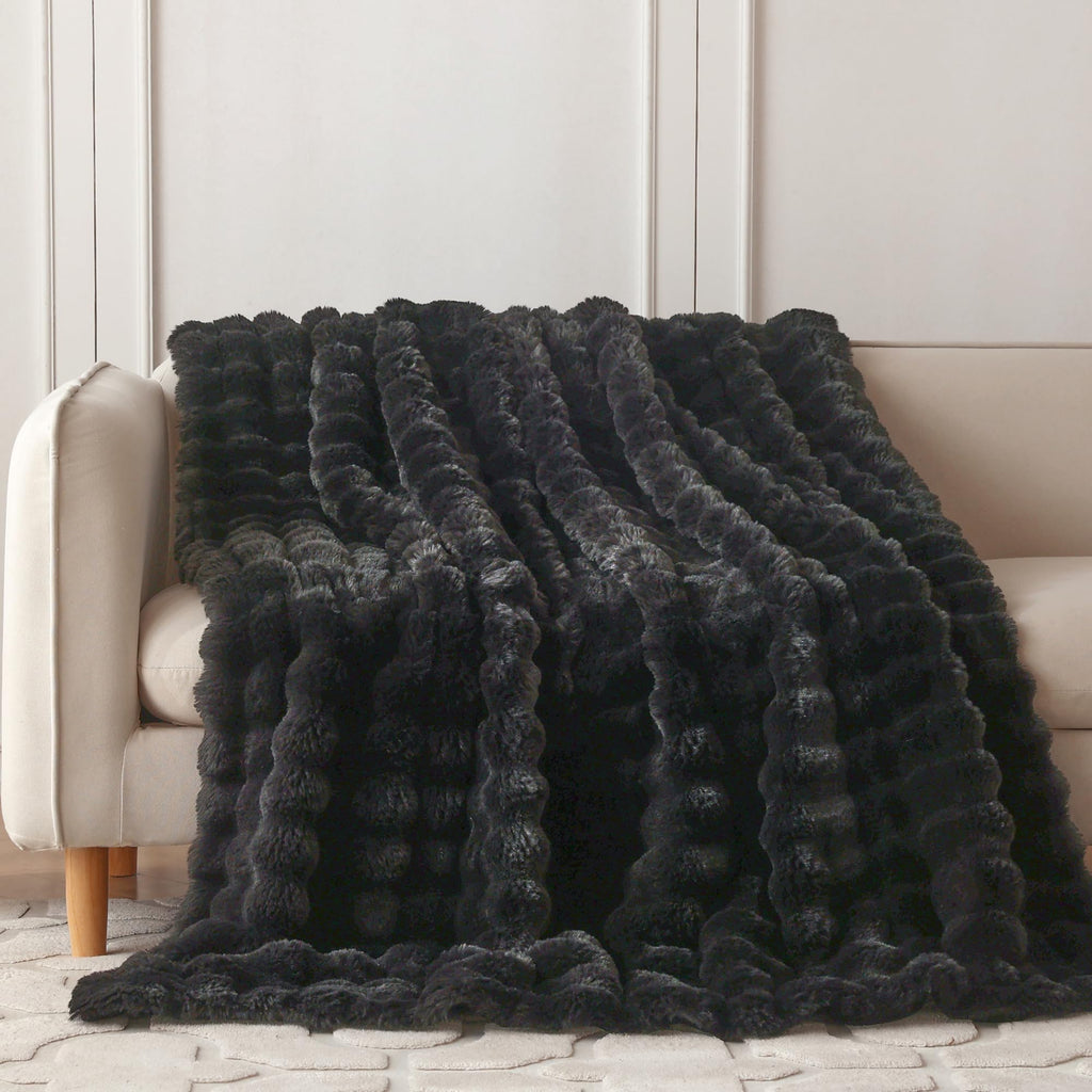 COOVA Faux Fur Throw Blanket for Couch, Cozy Soft and Fuzzy Plush Rabbit Fur Bubble Blanket for Sofa Bedroom Living Room, 50x60 Inches Tie Dye Brown