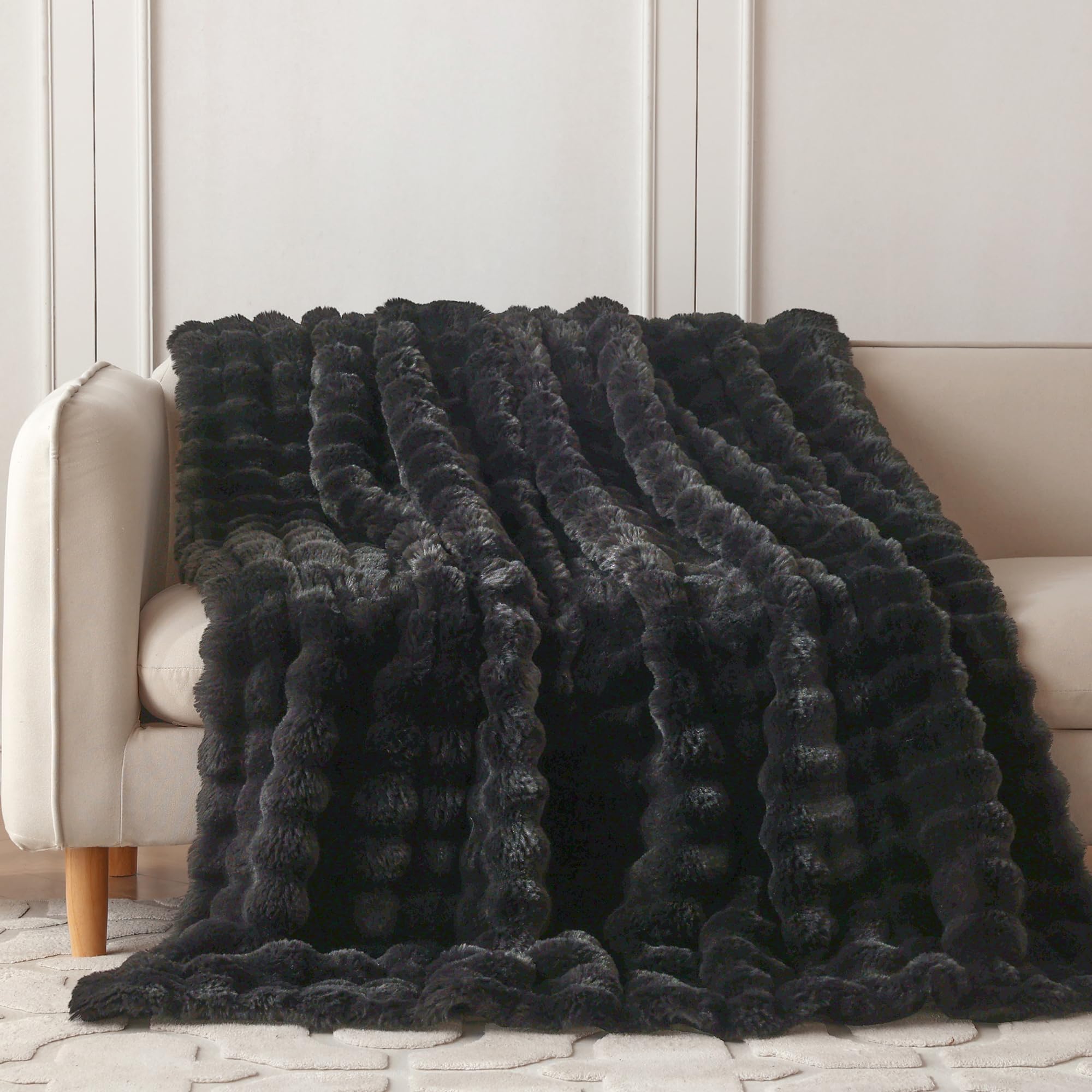 COOVA Faux Fur Throw Blanket for Couch, Cozy Soft and Fuzzy Plush Rabbit Fur Bubble Blanket for Sofa Bedroom Living Room, 50x60 Inches Tie Dye Brown